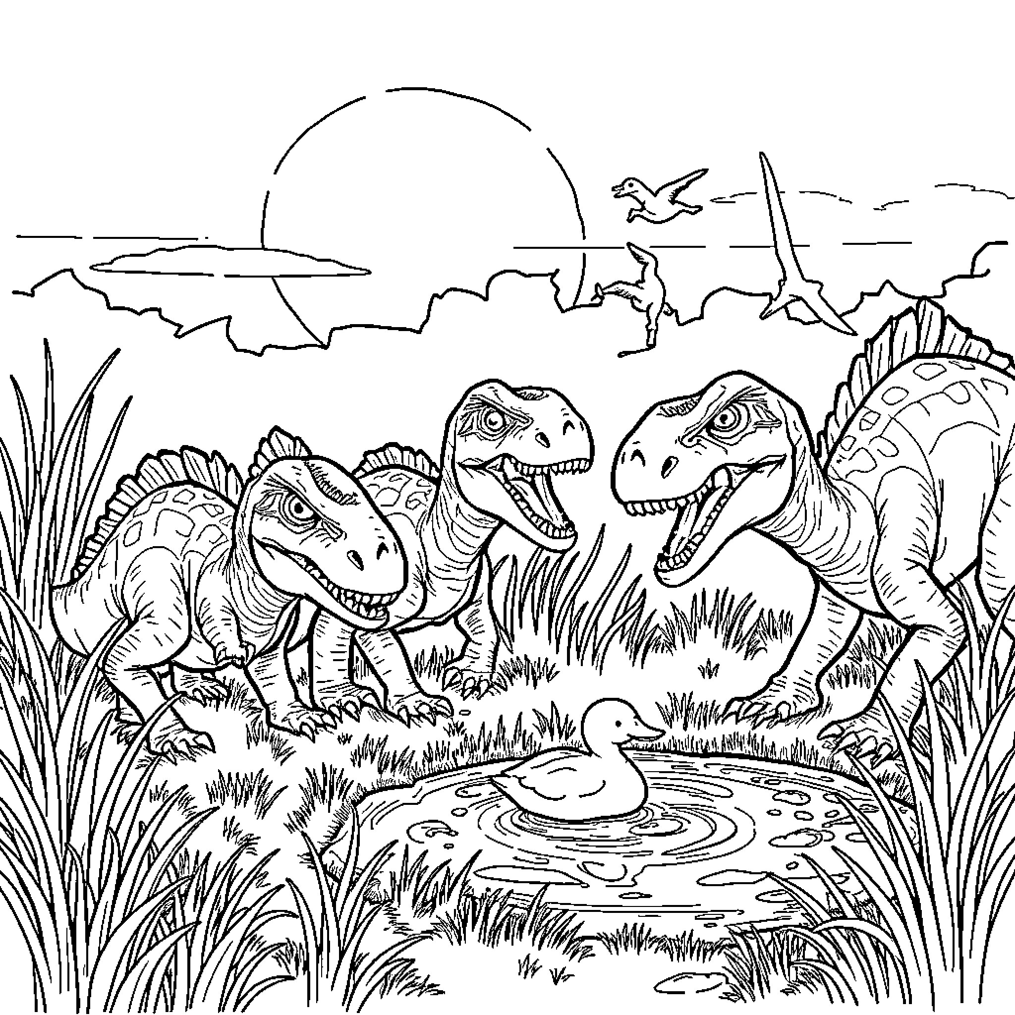 Raptors in prehistoric landscape Coloring Page (free black-and-white line drawing printable PDF for all, from beginners to advanced learners, including children, teens, adults, and seniors)