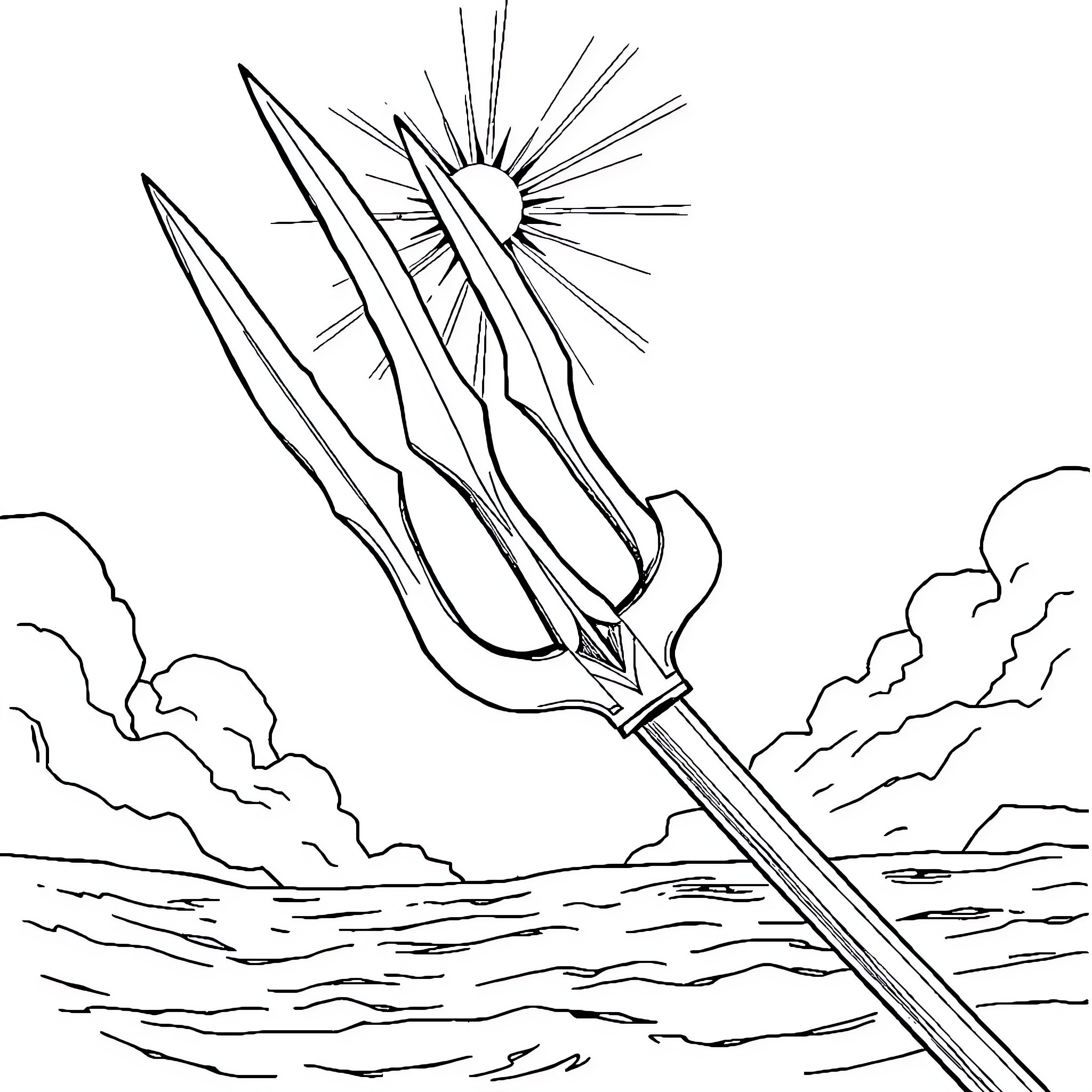 Poseidon's Trident Rises from the Raging Seas Coloring Page (free black-and-white line drawing printable PDF for all, from beginners to advanced learners, including children, teens, adults, and seniors)