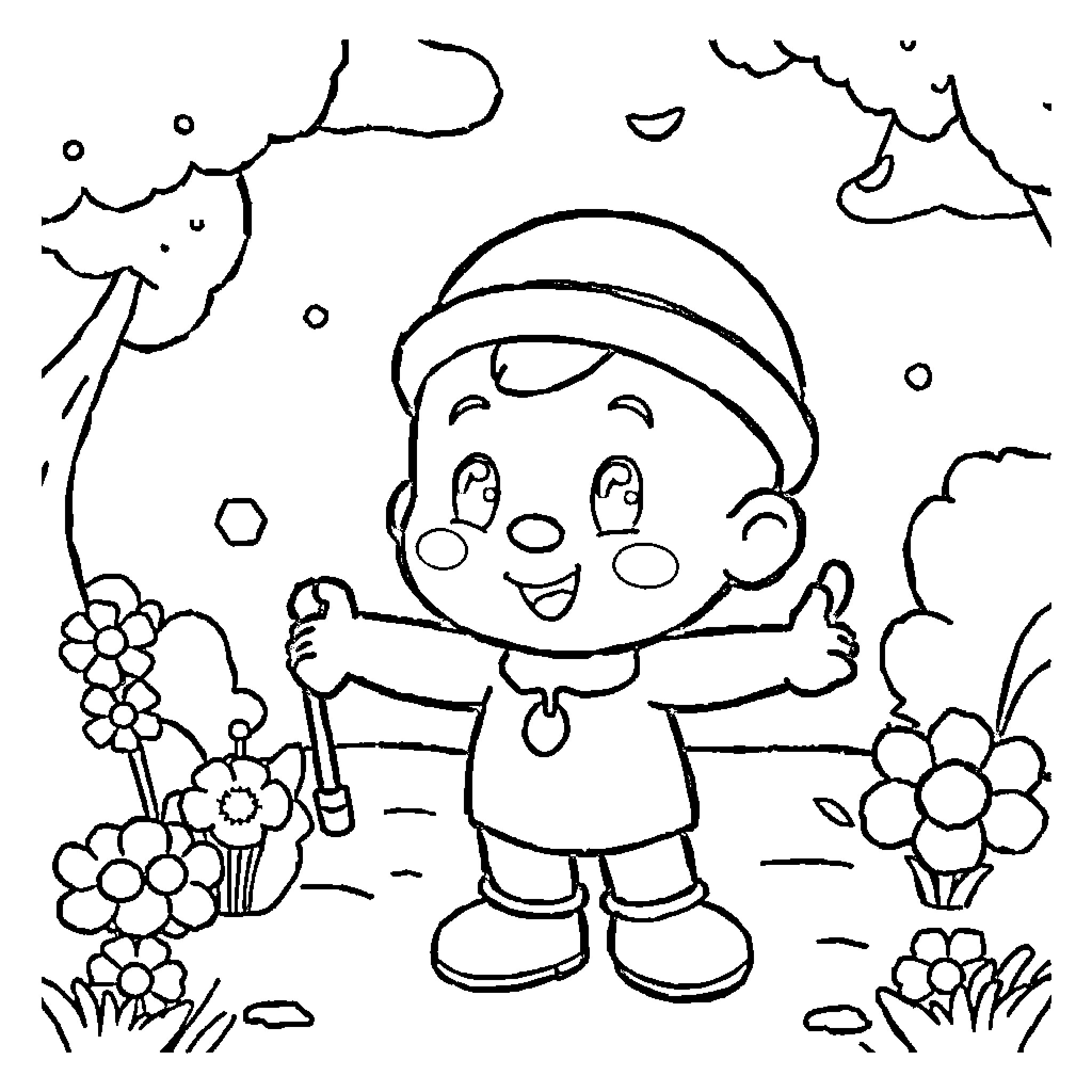 Pocoyo exploring nature with joy Coloring Page (free black-and-white line drawing printable PDF for all, from beginners to advanced learners, including children, teens, adults, and seniors)