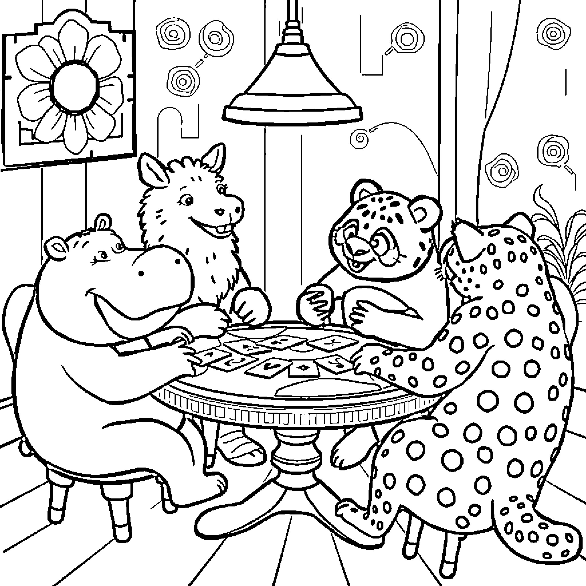 Animal friends having a cozy gathering Coloring Page (free black-and-white line drawing printable PDF for all, from beginners to advanced learners, including children, teens, adults, and seniors)