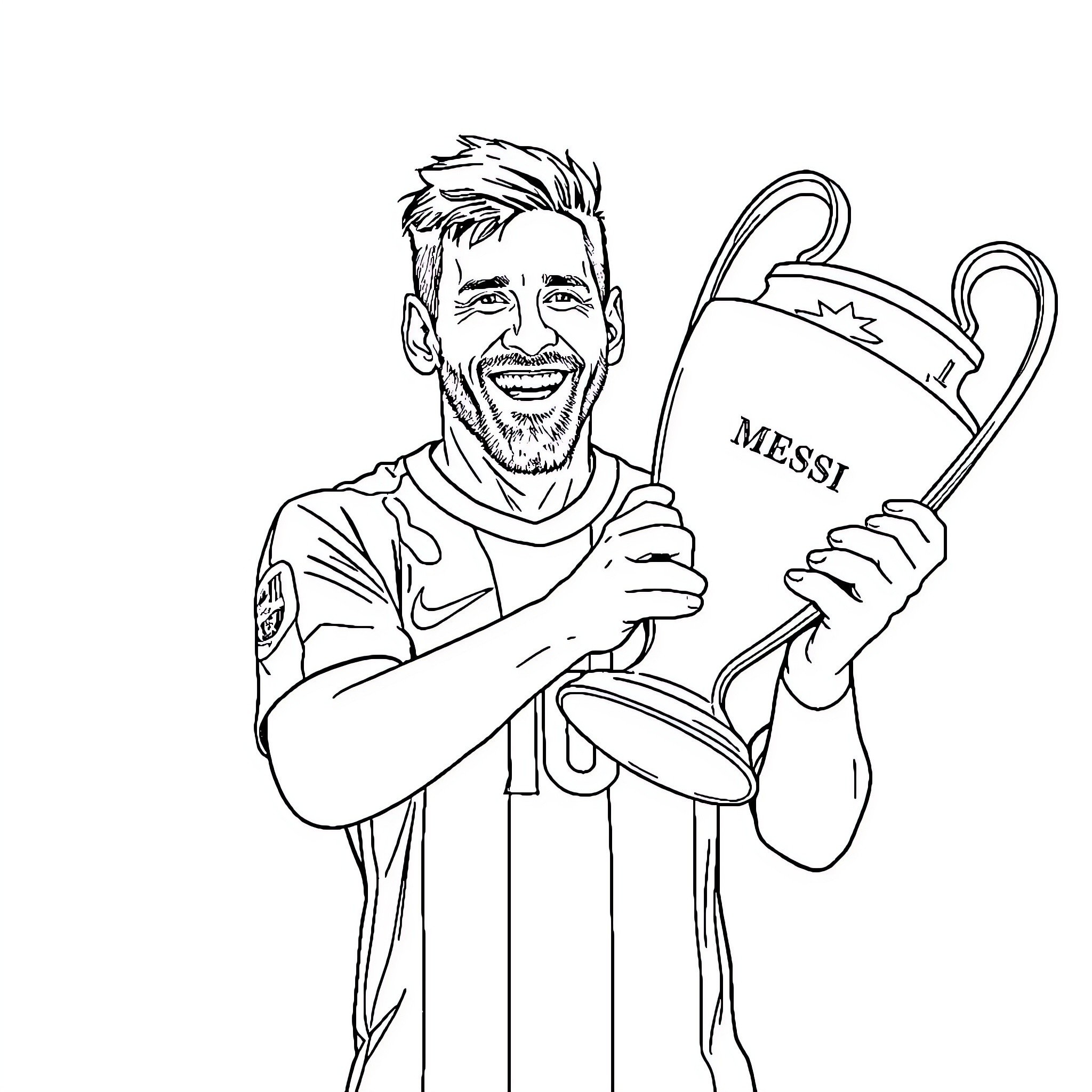 Messi Celebrating with Trophy Coloring Page (free black-and-white line drawing printable PDF for all, from beginners to advanced learners, including children, teens, adults, and seniors)