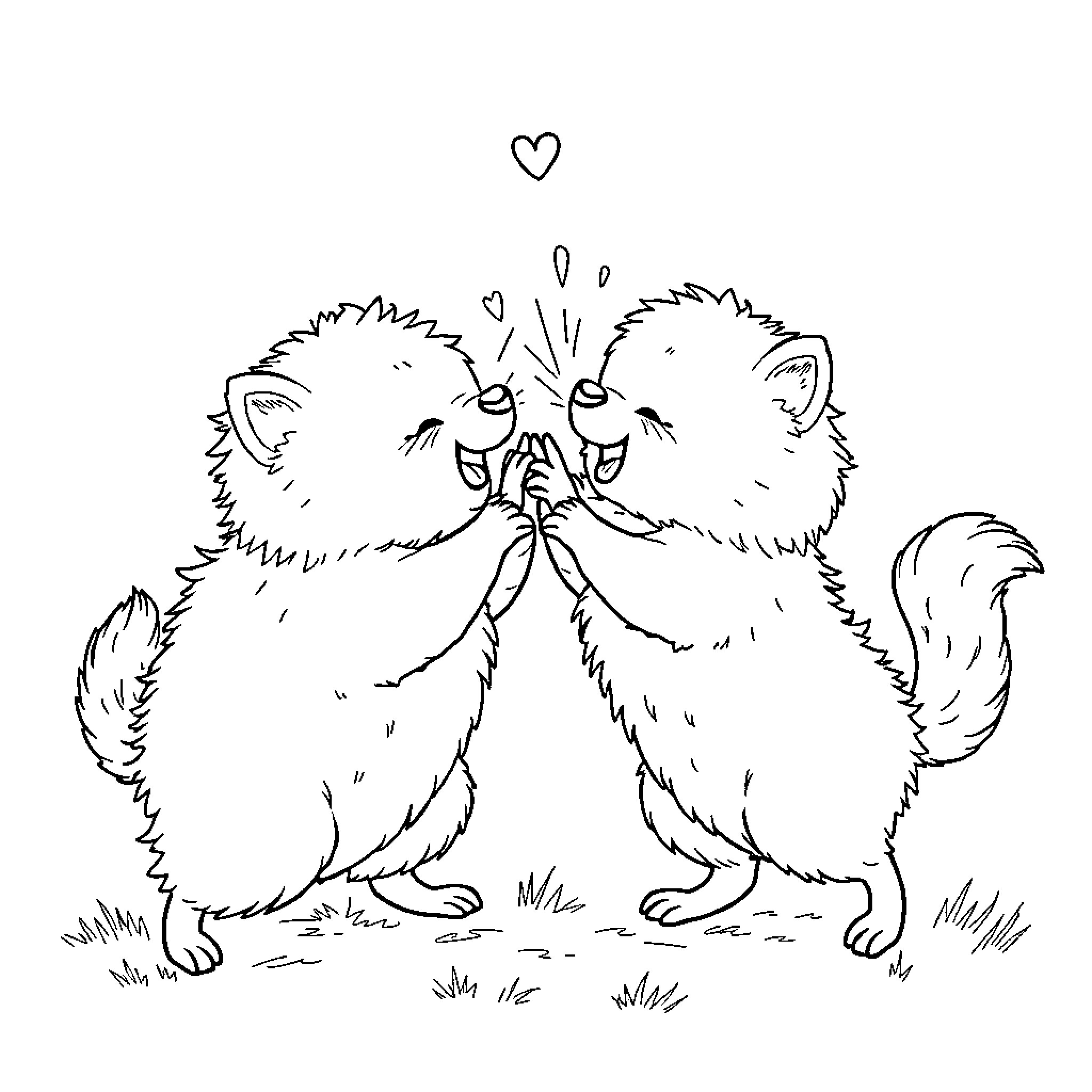 Fluffy kittens playing and cuddling happily Coloring Page (free black-and-white line drawing printable PDF for all, from beginners to advanced learners, including children, teens, adults, and seniors)