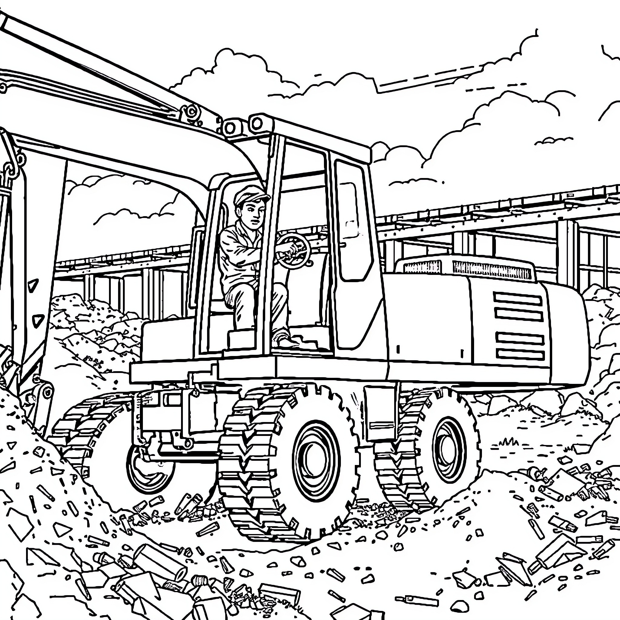 Excavator operating in construction site Coloring Page (free black-and-white line drawing printable PDF for all, from beginners to advanced learners, including children, teens, adults, and seniors)