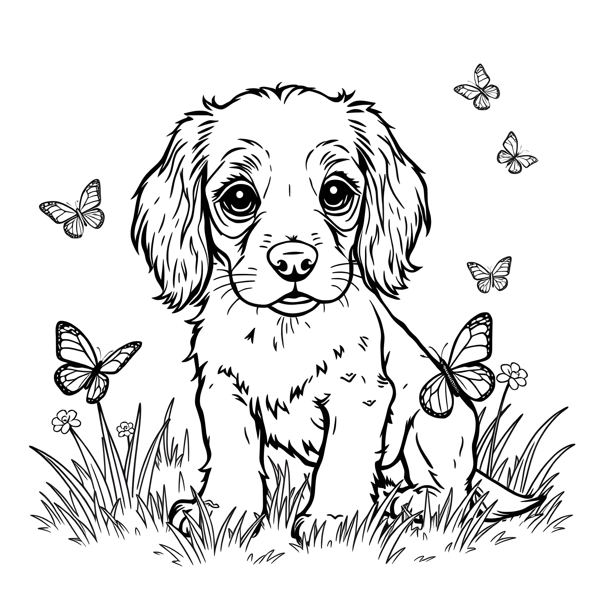 Cocker Spaniel puppy in a field with butterflies Coloring Page (free black-and-white line drawing printable PDF for all, from beginners to advanced learners, including children, teens, adults, and seniors)