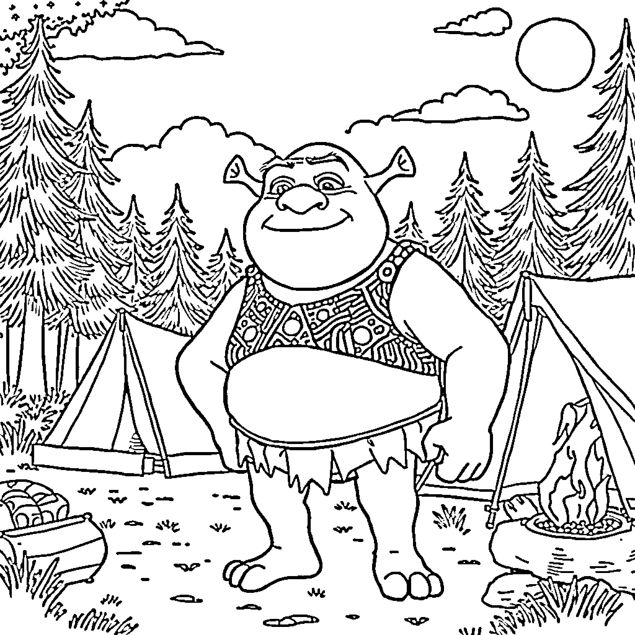 Shrek enjoys outdoor camping adventure Coloring Page (free black-and-white line drawing printable PDF for all, from beginners to advanced learners, including children, teens, adults, and seniors)