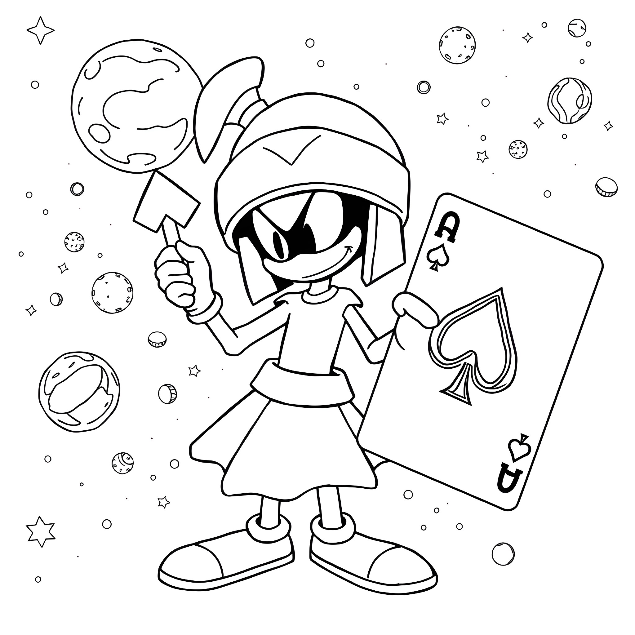 Marvin the Martian plays with a playing card in outer space Coloring Page (free black-and-white line drawing printable PDF for all, from beginners to advanced learners, including children, teens, adults, and seniors)