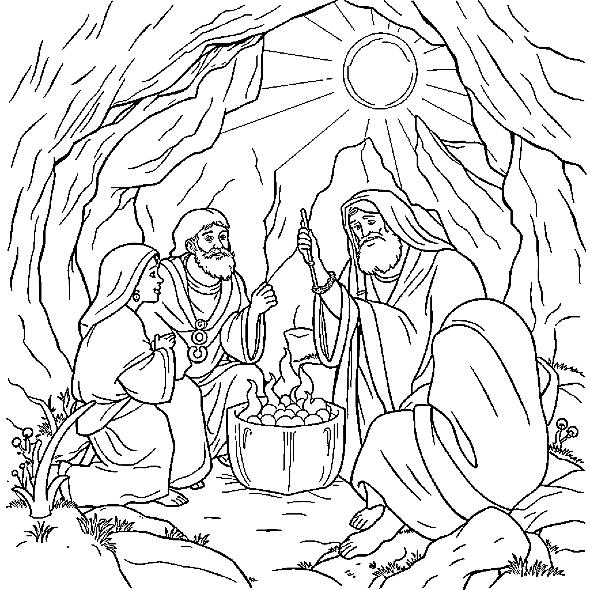 Bible scene of men in religious robes by campfire Coloring Page (free black-and-white line drawing printable PDF for all, from beginners to advanced learners, including children, teens, adults, and seniors)