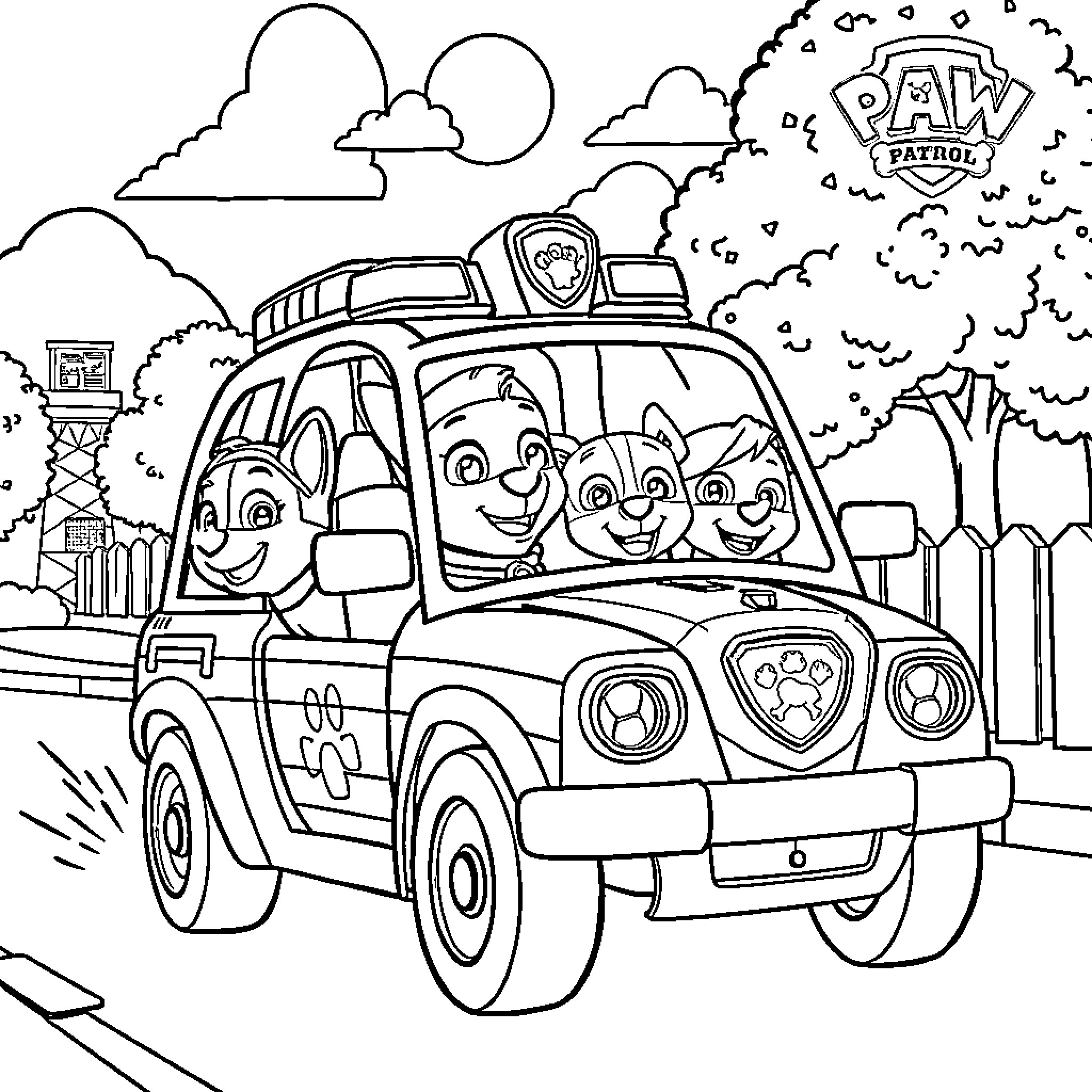 Paw Patrol Pups Riding in Rescue Truck Coloring Page (free black-and-white line drawing printable PDF for all, from beginners to advanced learners, including children, teens, adults, and seniors)