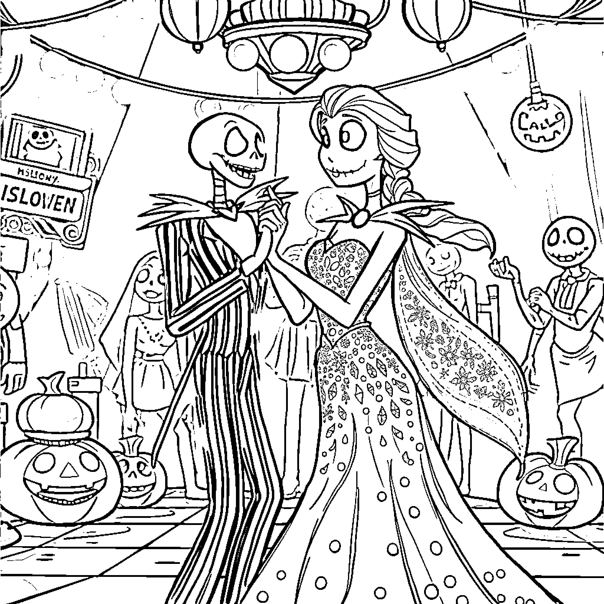 Elsa and Jack Skellington Celebrate Halloween Together Coloring Page (free black-and-white line drawing printable PDF for all, from beginners to advanced learners, including children, teens, adults, and seniors)