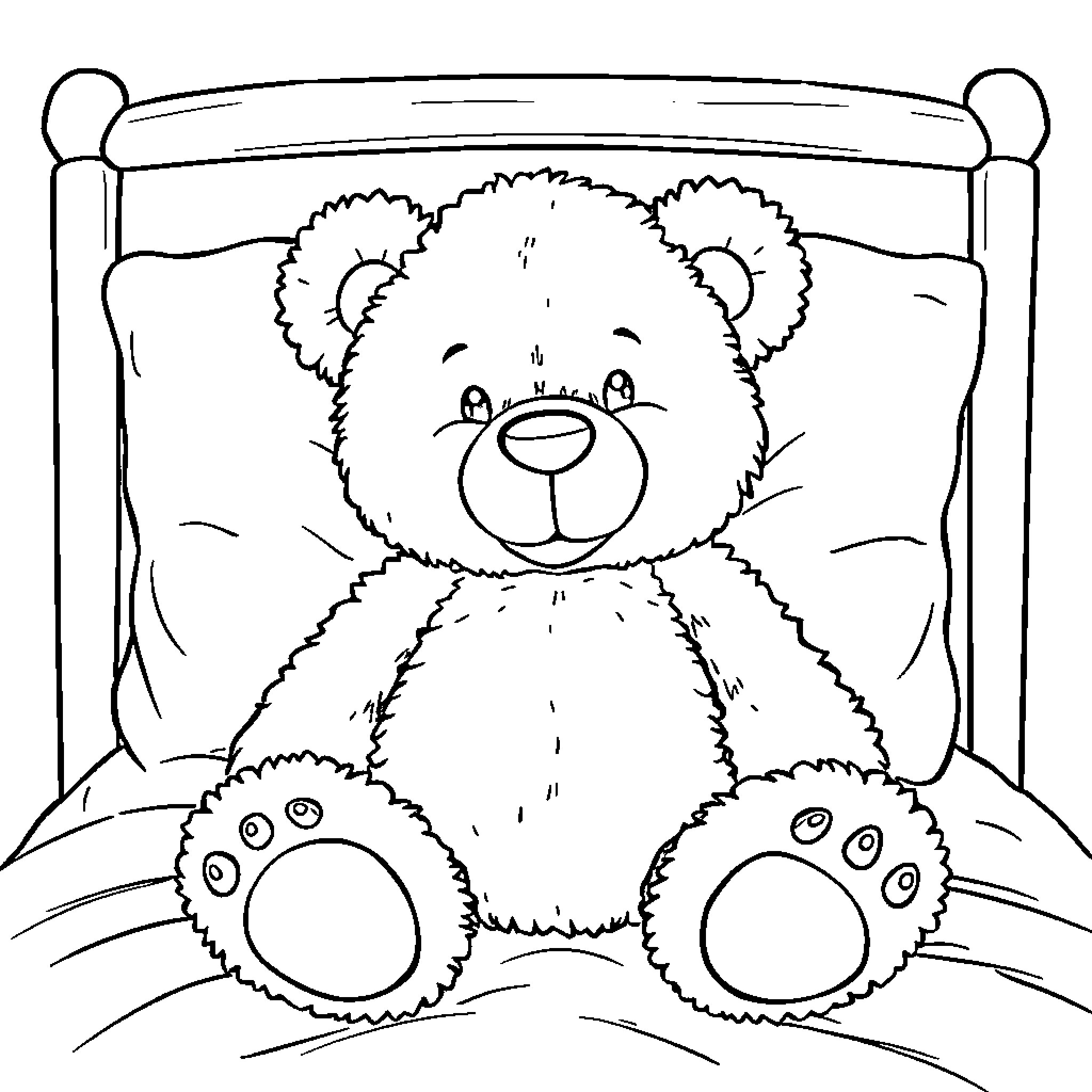 Teddybear resting comfortably in bed Coloring Page (free black-and-white line drawing printable PDF for all, from beginners to advanced learners, including children, teens, adults, and seniors)