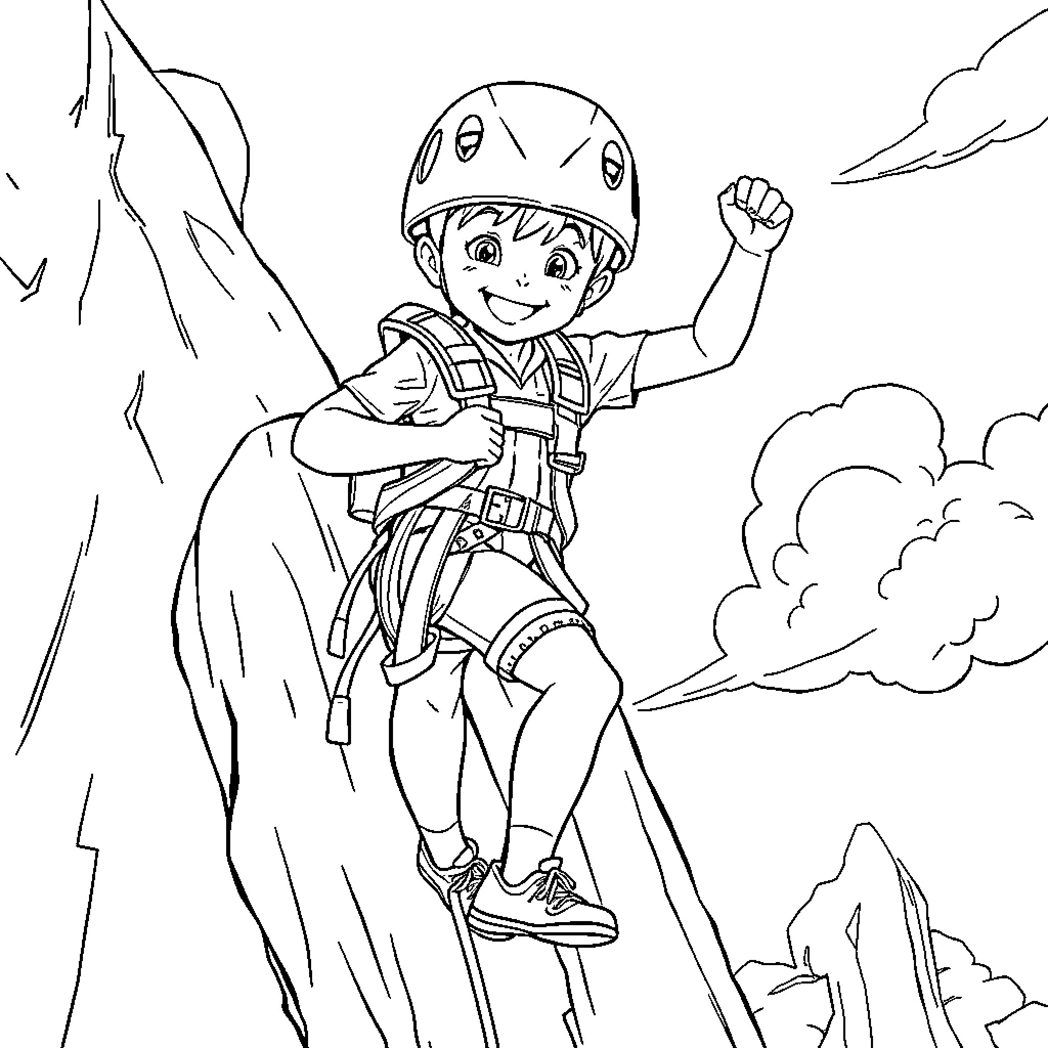 Kid climbing up mountainous terrain Coloring Page (free black-and-white line drawing printable PDF for all, from beginners to advanced learners, including children, teens, adults, and seniors)
