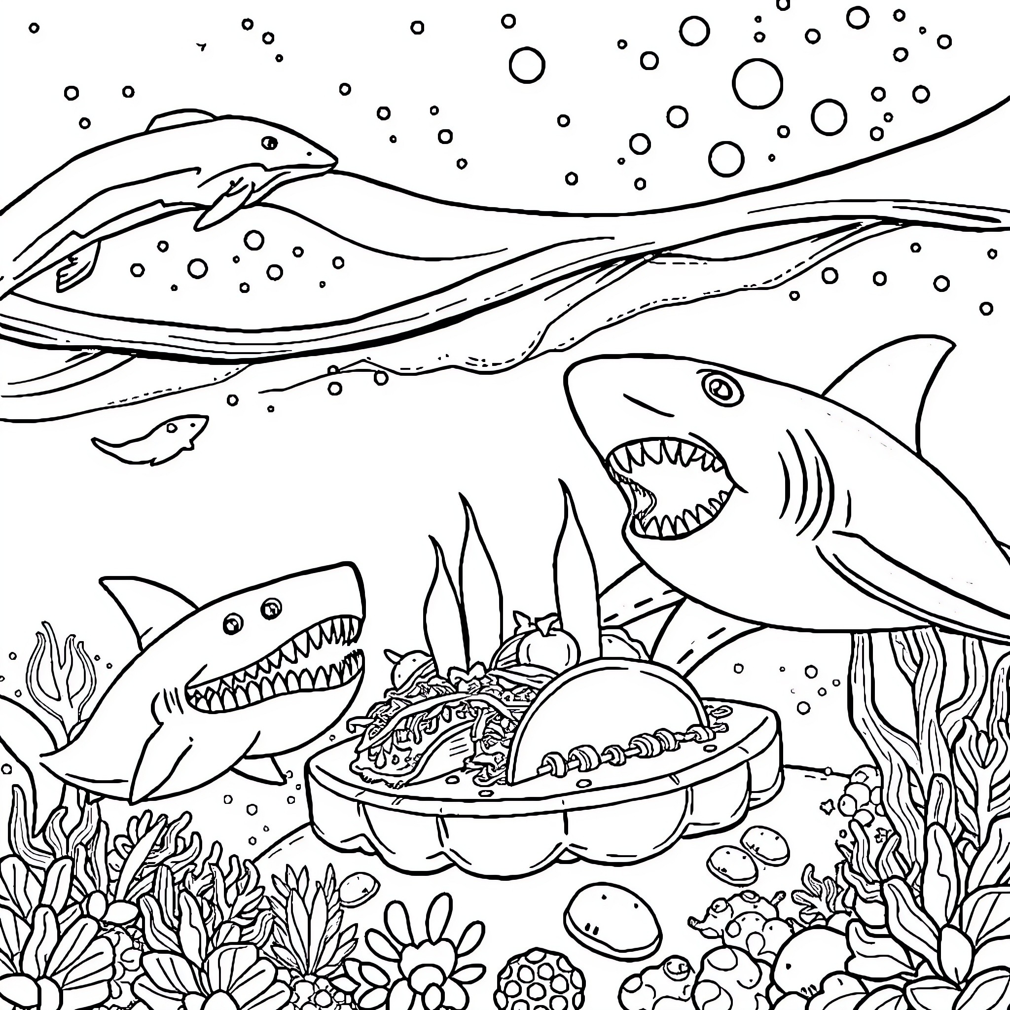 Sea Animals Hunting for Food in the Ocean Coloring Page (free black-and-white line drawing printable PDF for all, from beginners to advanced learners, including children, teens, adults, and seniors)