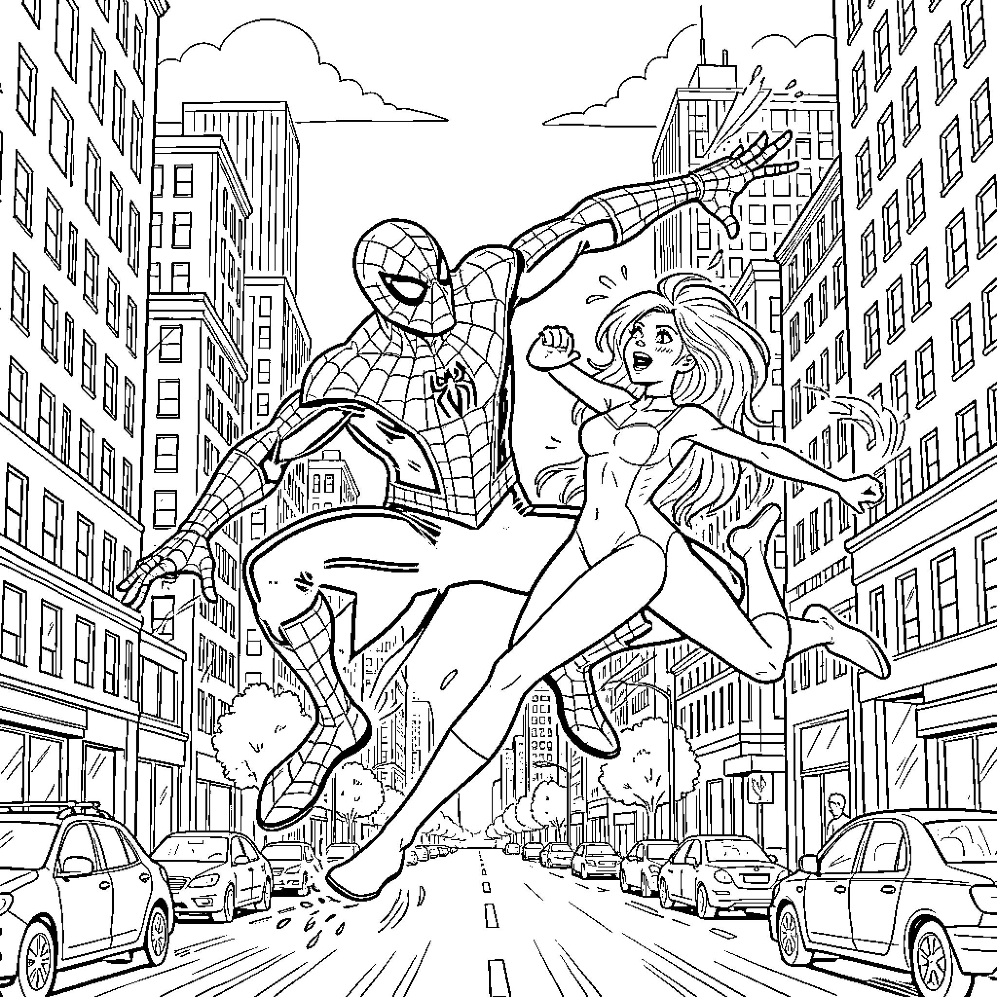 Homem-Aranha jumping heroically through a busy city street Coloring Page (free black-and-white line drawing printable PDF for all, from beginners to advanced learners, including children, teens, adults, and seniors)