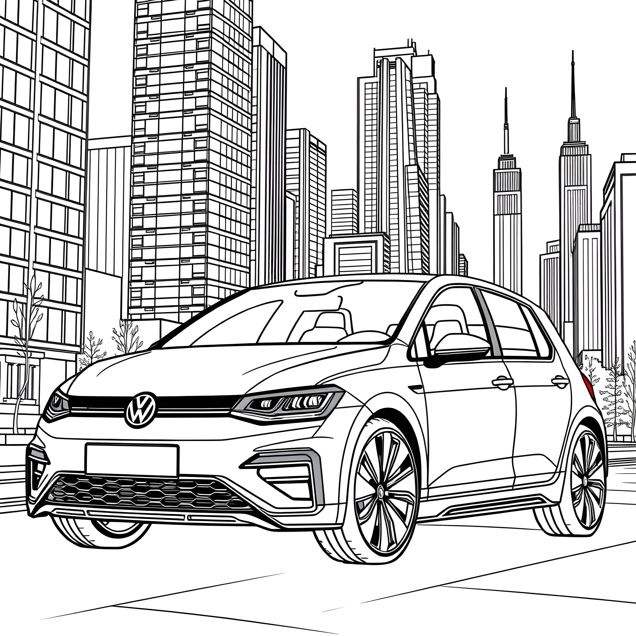 Vw Golf in urban city setting Coloring Page (free black-and-white line drawing printable PDF for all, from beginners to advanced learners, including children, teens, adults, and seniors)