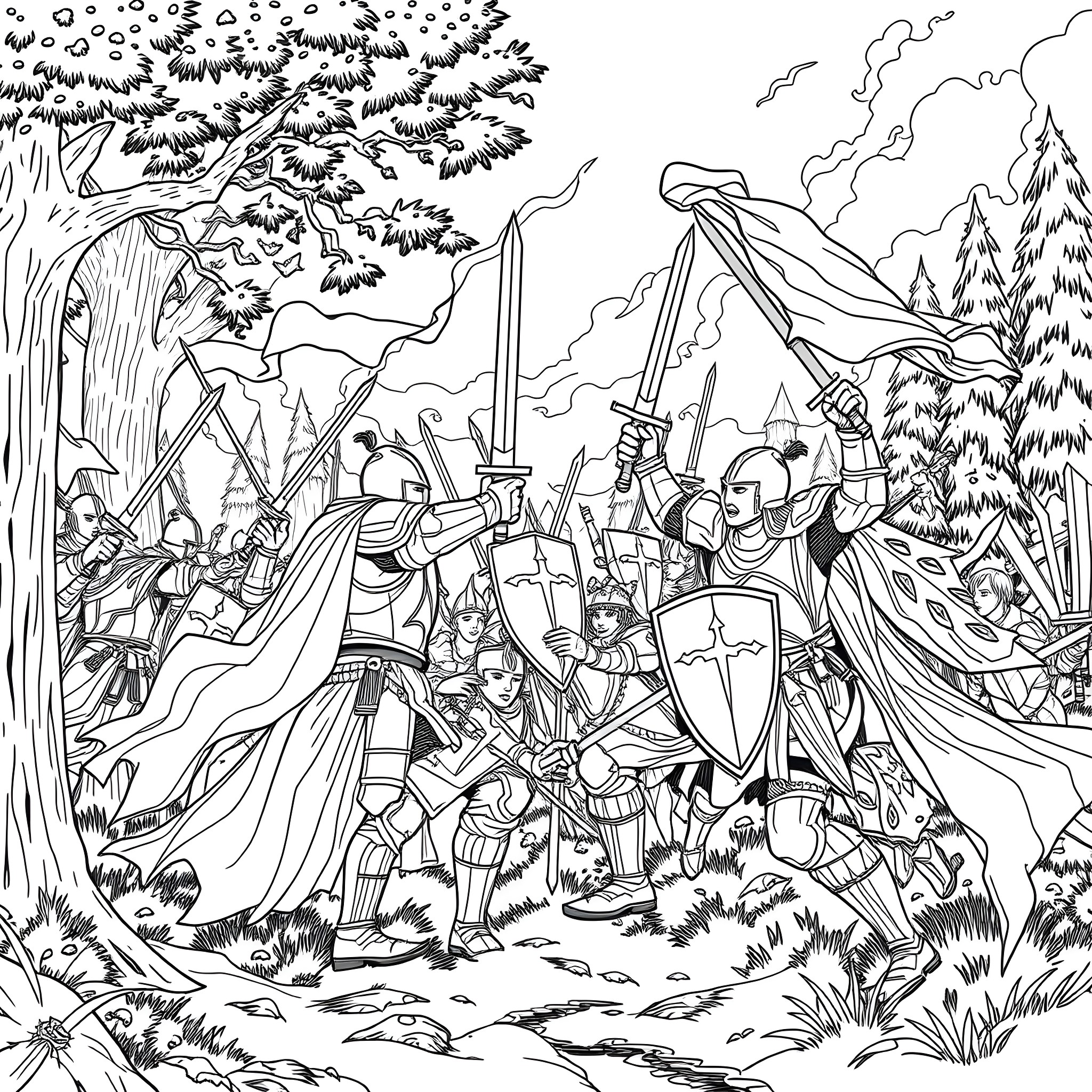 Knight's Battle in the Enchanted Forest Coloring Page (free black-and-white line drawing printable PDF for all, from beginners to advanced learners, including children, teens, adults, and seniors)