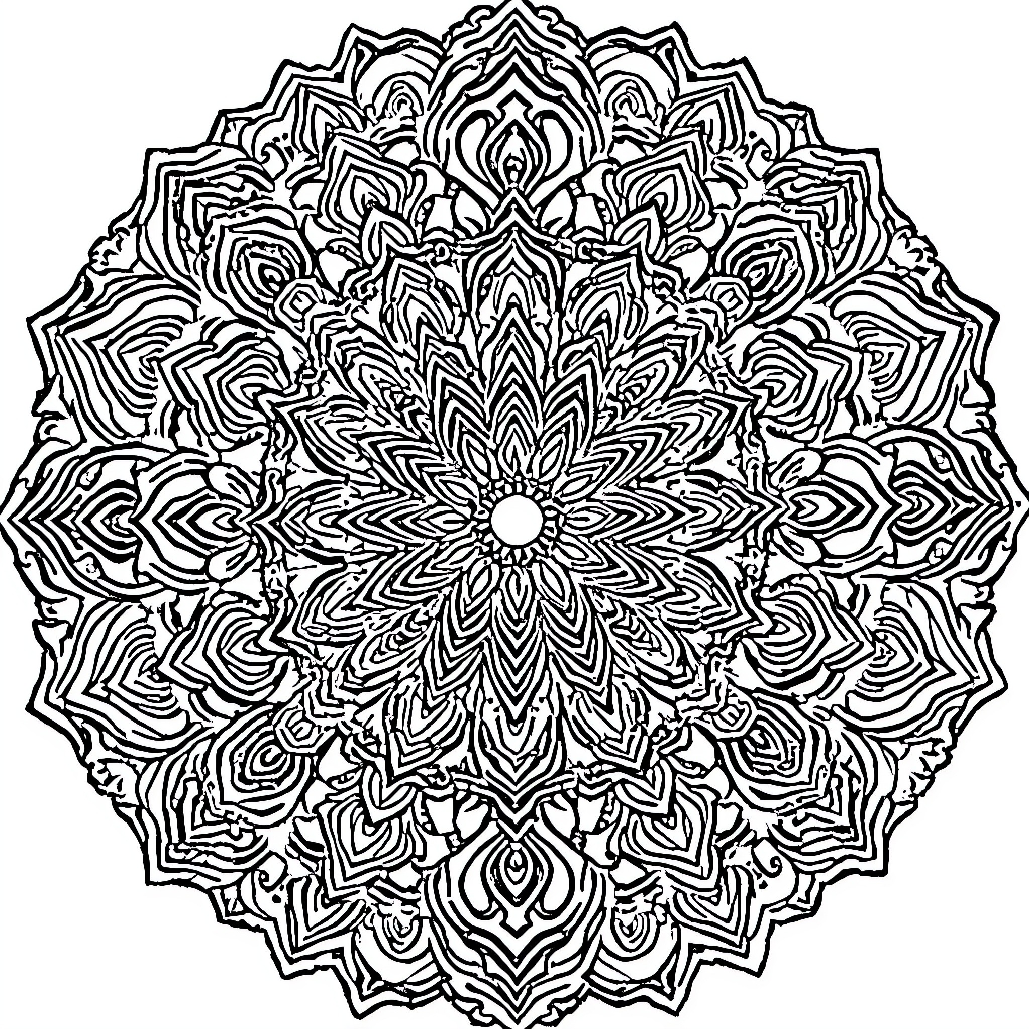 Mandala of intricate geometric patterns Coloring Page (free black-and-white line drawing printable PDF for all, from beginners to advanced learners, including children, teens, adults, and seniors)