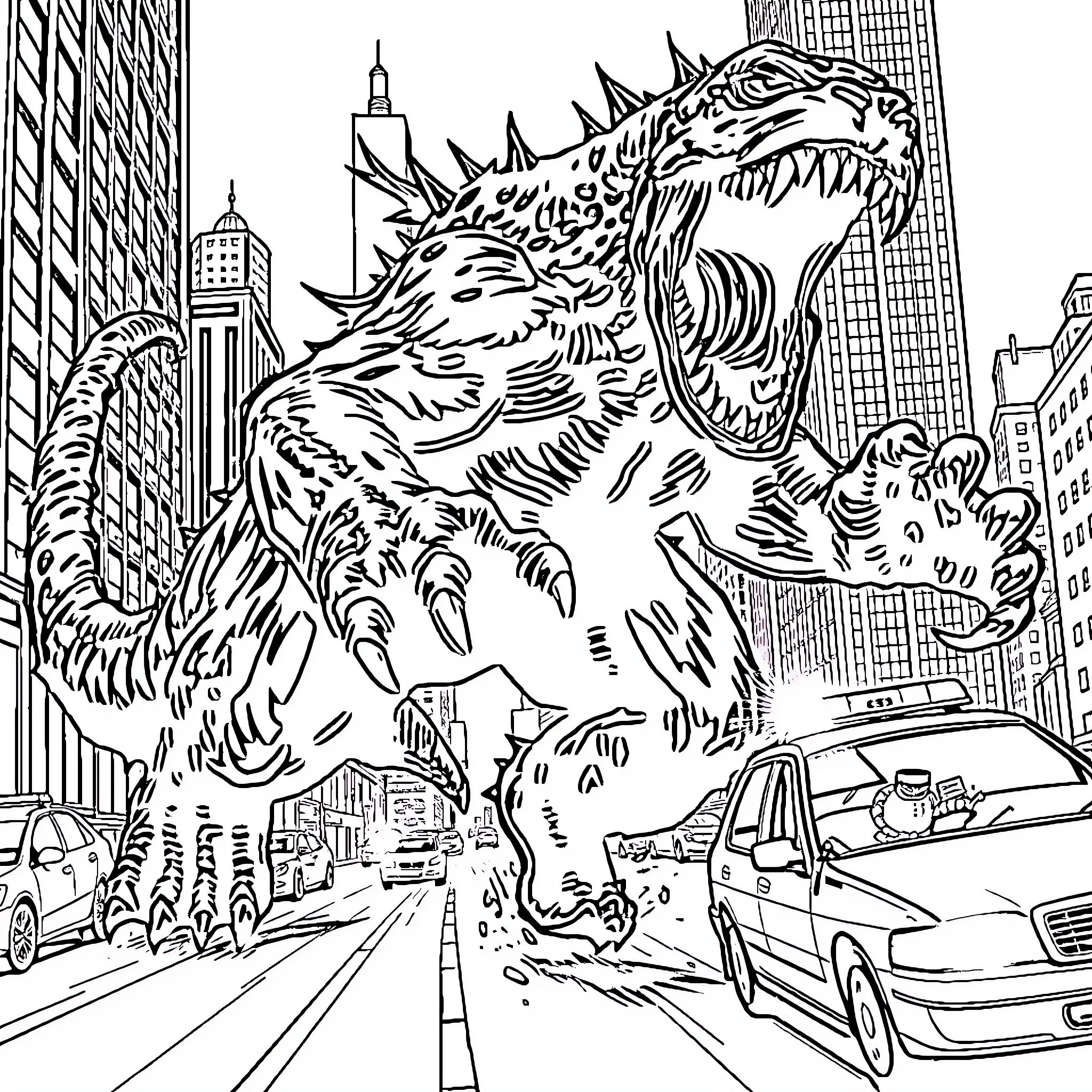 Monster Rampaging Through the City Coloring Page (free black-and-white line drawing printable PDF for all, from beginners to advanced learners, including children, teens, adults, and seniors)