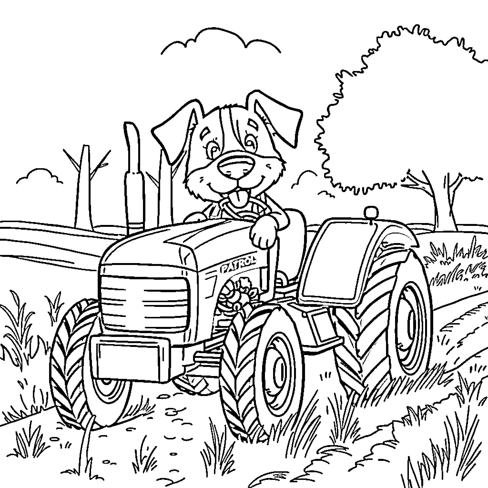 Marshall the pup driving a tractor in the countryside Coloring Page (free black-and-white line drawing printable PDF for all, from beginners to advanced learners, including children, teens, adults, and seniors)