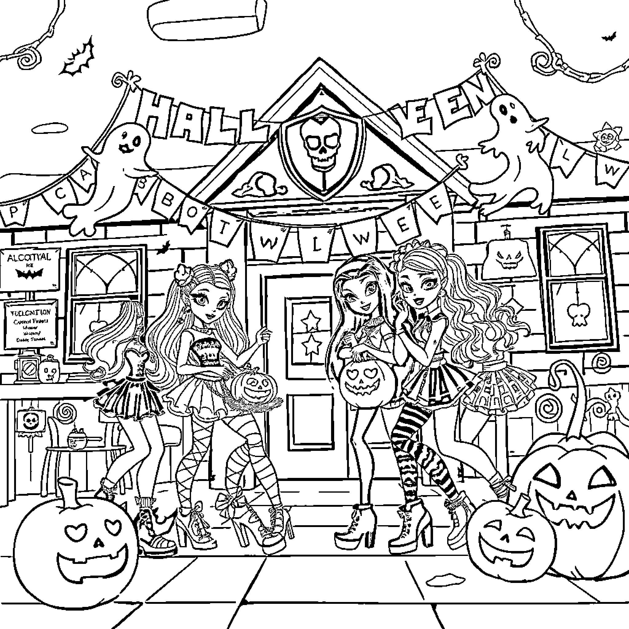 Monster High characters celebrating Halloween Coloring Page (free black-and-white line drawing printable PDF for all, from beginners to advanced learners, including children, teens, adults, and seniors)