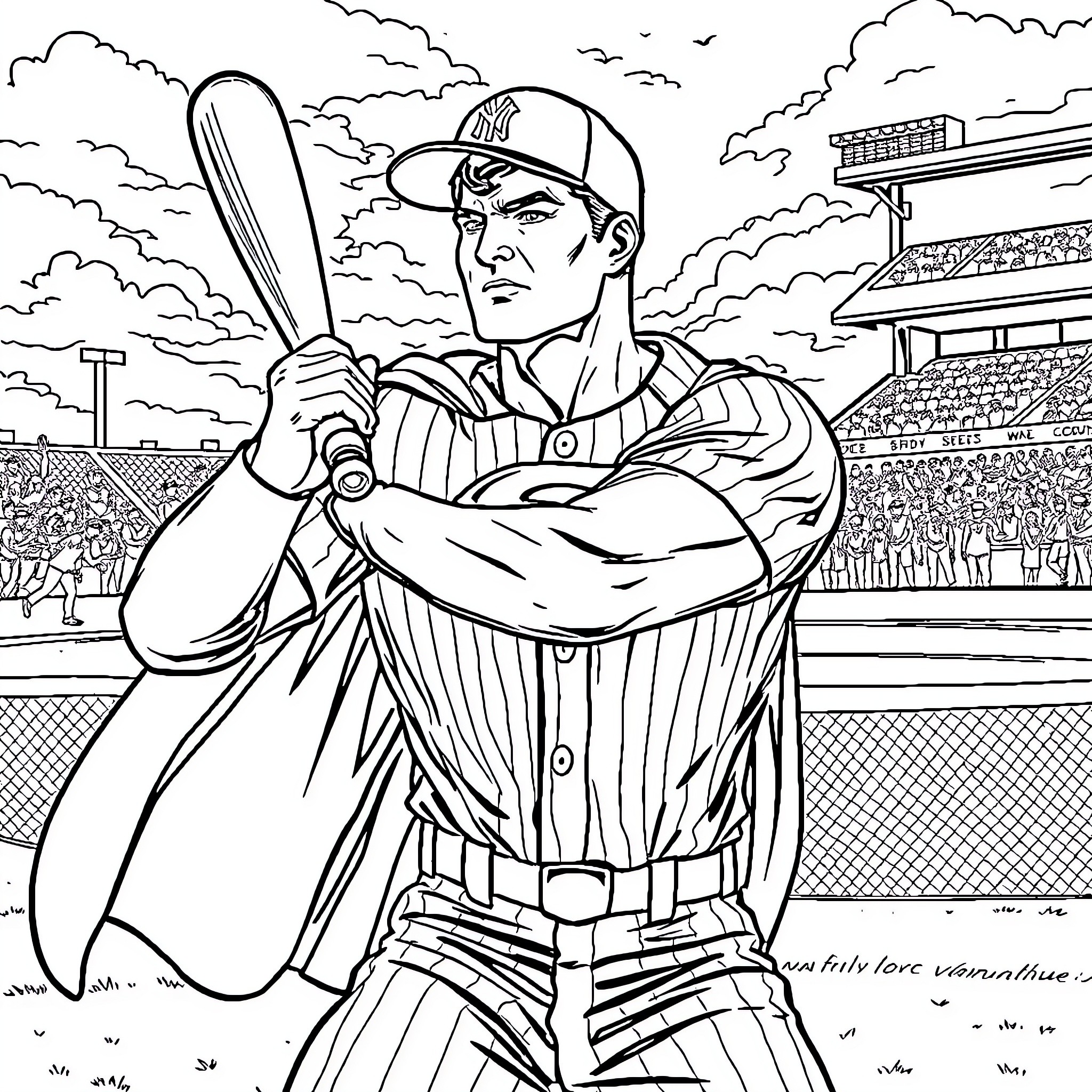 Superman baseball player in action on the field Coloring Page (free black-and-white line drawing printable PDF for all, from beginners to advanced learners, including children, teens, adults, and seniors)