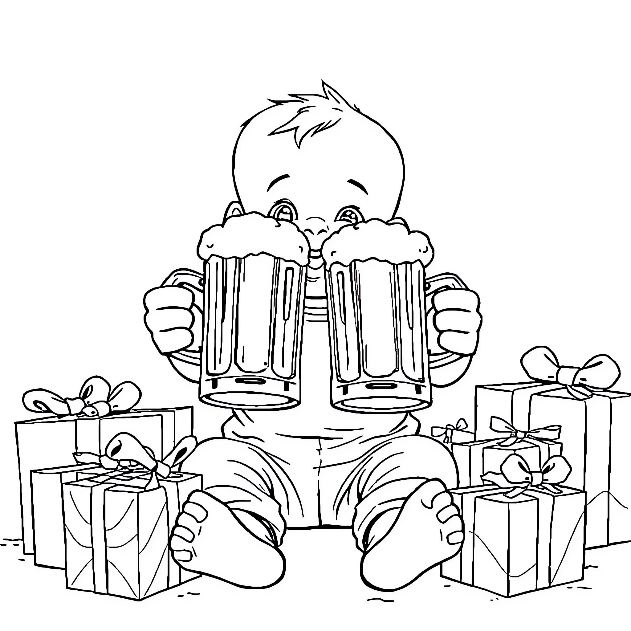 Baby enjoying a celebratory drink with gifts Coloring Page (free black-and-white line drawing printable PDF for all, from beginners to advanced learners, including children, teens, adults, and seniors)