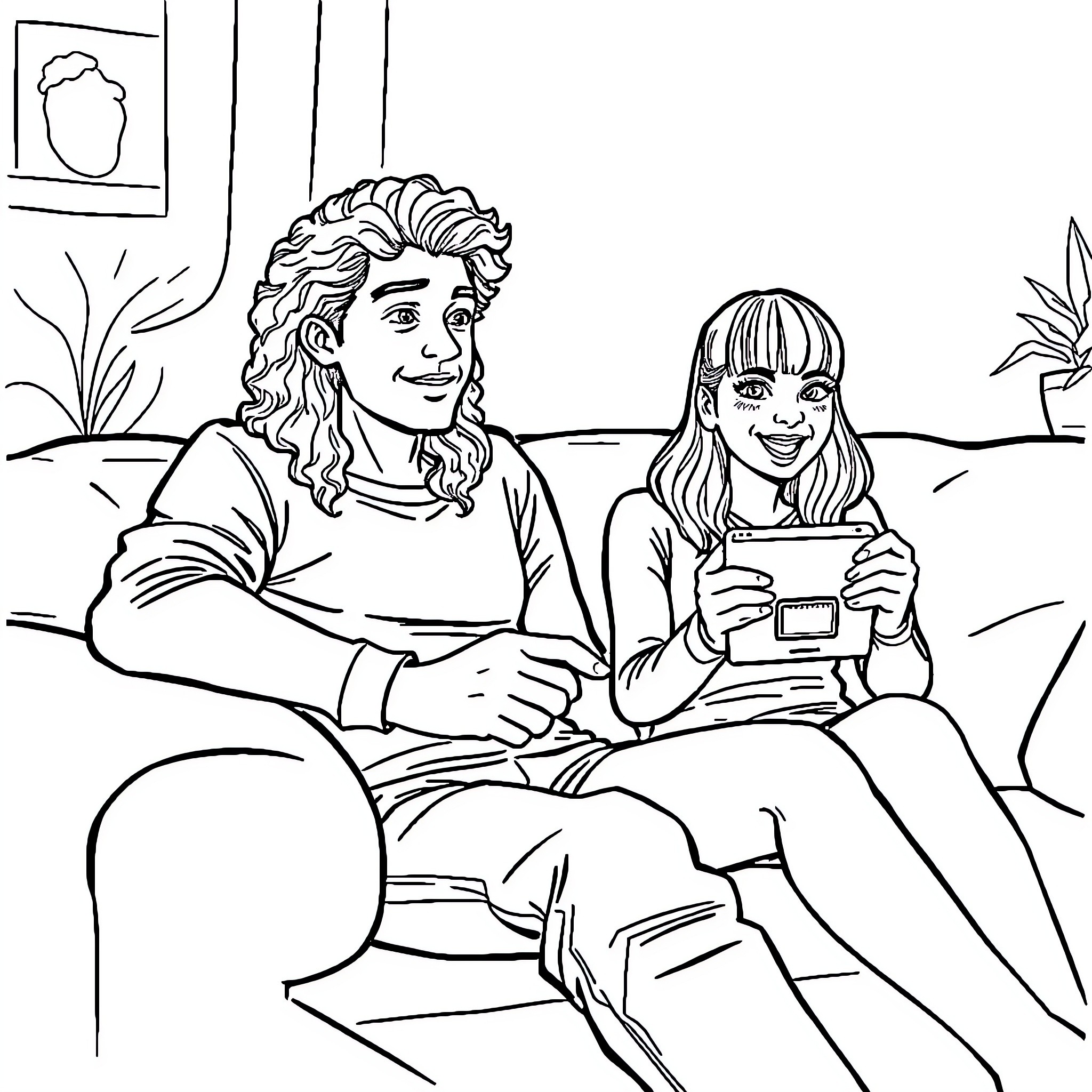 Man and woman using electronic devices on sofa Coloring Page (free black-and-white line drawing printable PDF for all, from beginners to advanced learners, including children, teens, adults, and seniors)