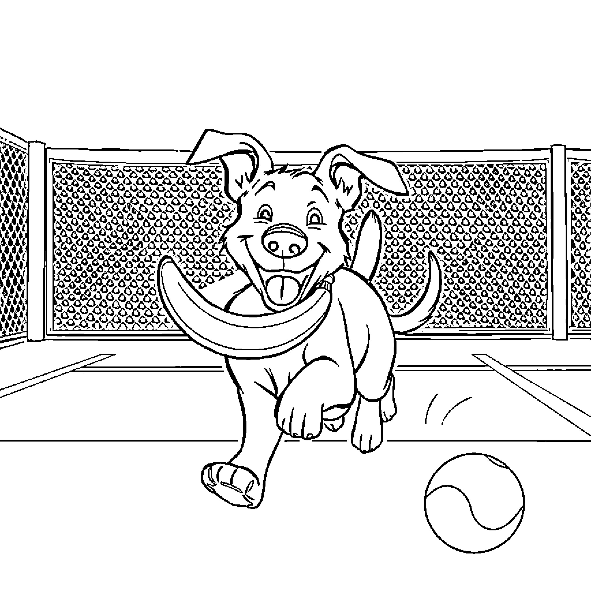Dog playing with ball in fenced yard Coloring Page (free black-and-white line drawing printable PDF for all, from beginners to advanced learners, including children, teens, adults, and seniors)