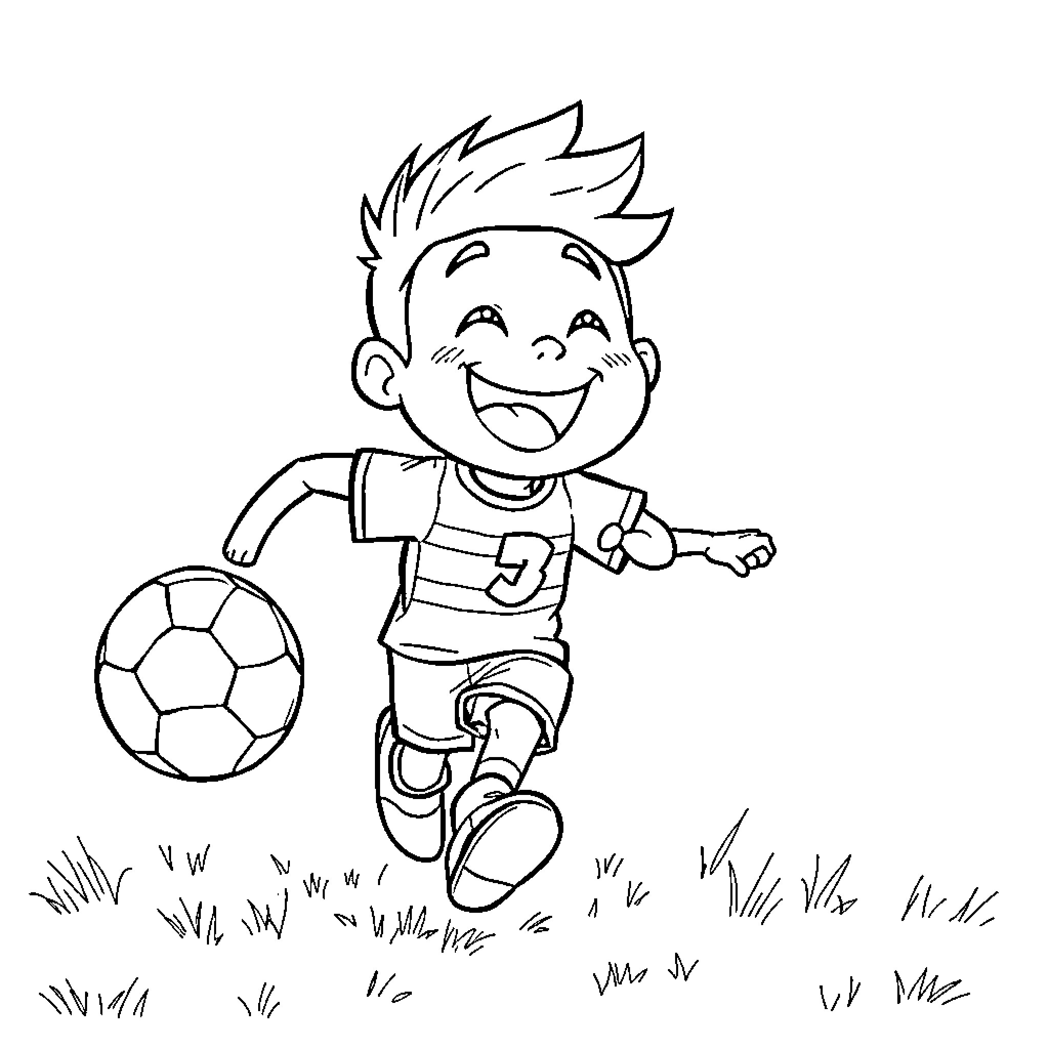 Jinu enjoying playing soccer outdoors Coloring Page (free black-and-white line drawing printable PDF for all, from beginners to advanced learners, including children, teens, adults, and seniors)
