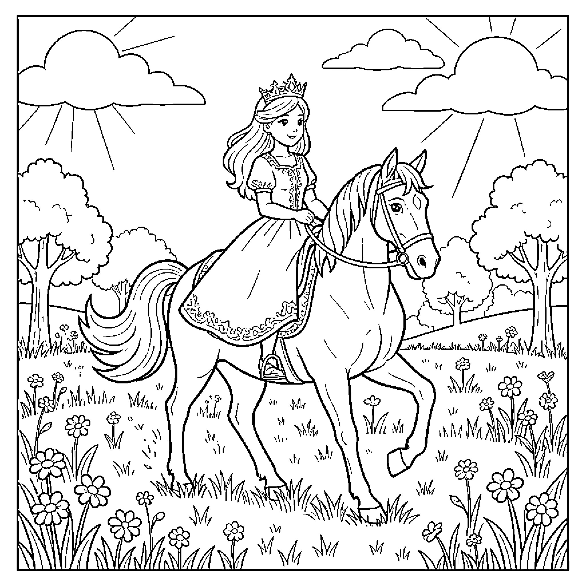 Princess riding a horse through a flowery meadow Coloring Page (free black-and-white line drawing printable PDF for all, from beginners to advanced learners, including children, teens, adults, and seniors)