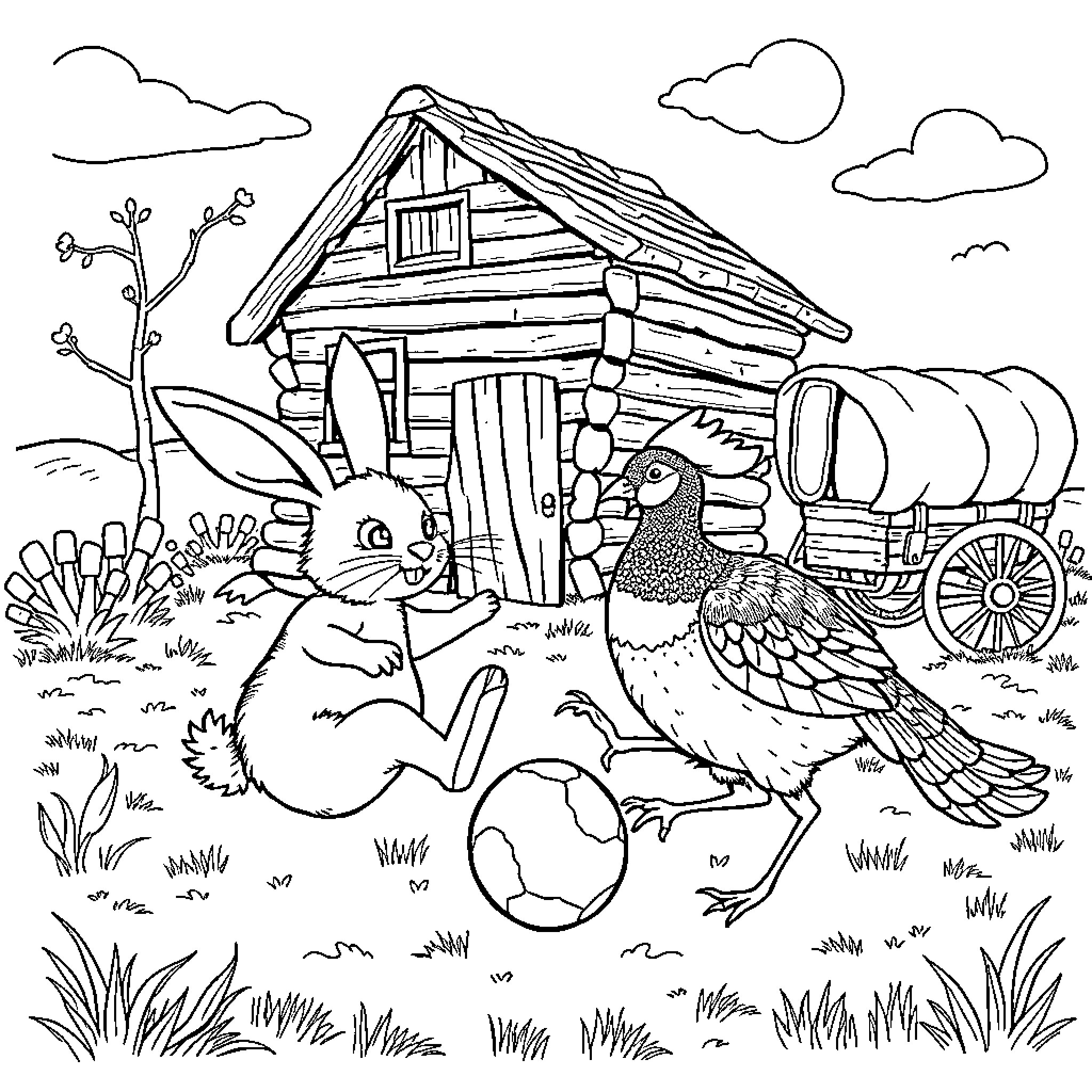Rabbit and Chicken Exploring Countryside Cottage Coloring Page (free black-and-white line drawing printable PDF for all, from beginners to advanced learners, including children, teens, adults, and seniors)