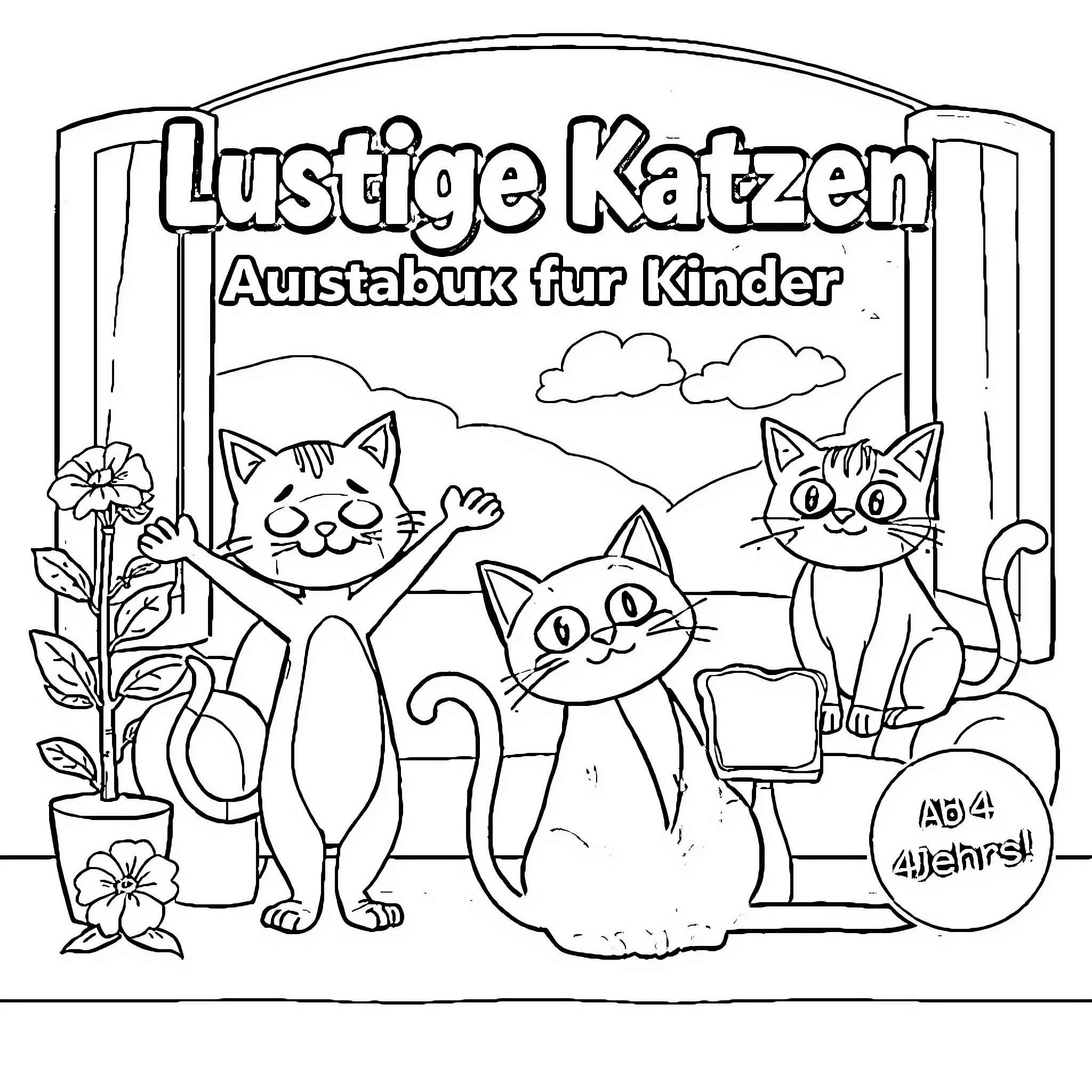 Cat cartoon characters in a playful scene Coloring Page (free black-and-white line drawing printable PDF for all, from beginners to advanced learners, including children, teens, adults, and seniors)
