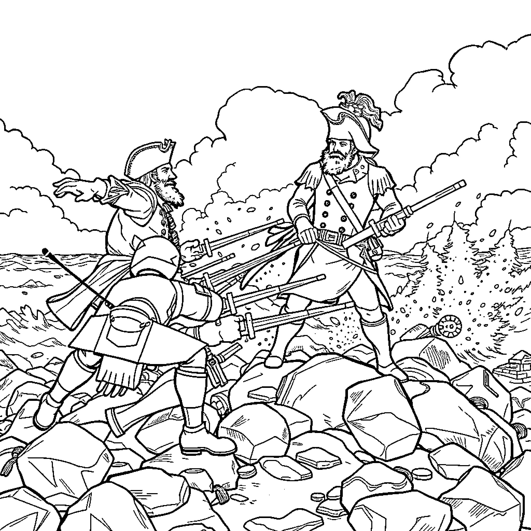 Trafalgar Law Engaged in Battle Amidst Clouds and Rubble Coloring Page (free black-and-white line drawing printable PDF for all, from beginners to advanced learners, including children, teens, adults, and seniors)