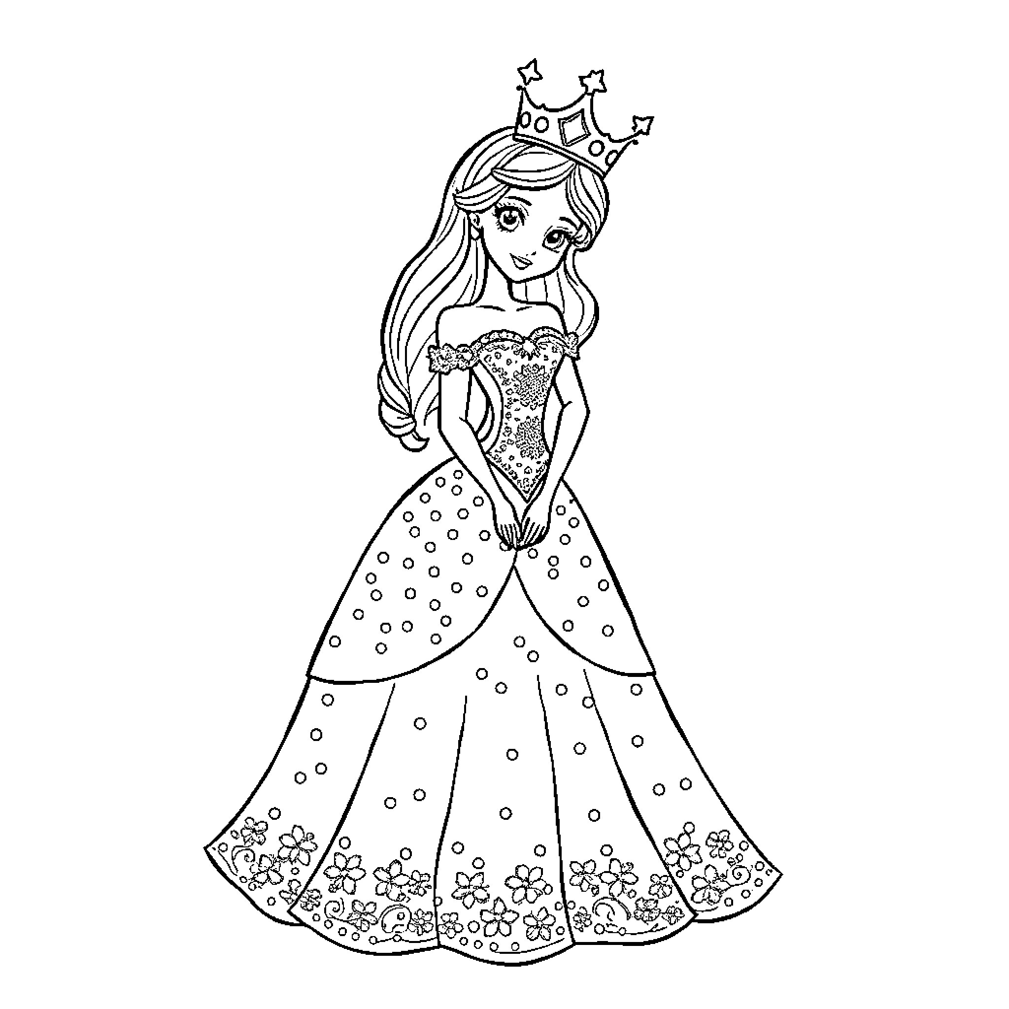 Princess in Sparkling Gown Posing Gracefully Coloring Page (free black-and-white line drawing printable PDF for all, from beginners to advanced learners, including children, teens, adults, and seniors)
