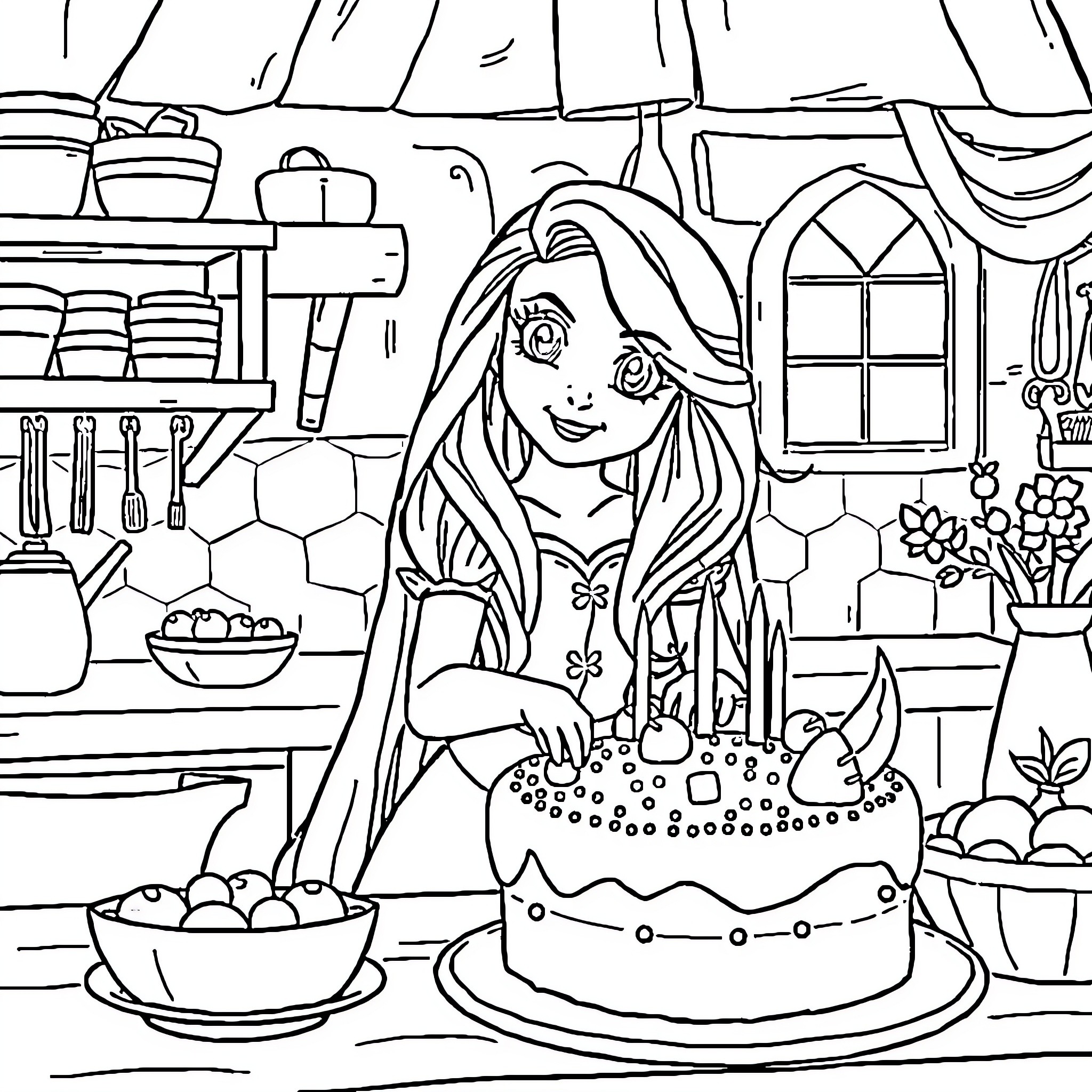 Rapunzel's Cozy Cottage Kitchen Coloring Page (free black-and-white line drawing printable PDF for all, from beginners to advanced learners, including children, teens, adults, and seniors)