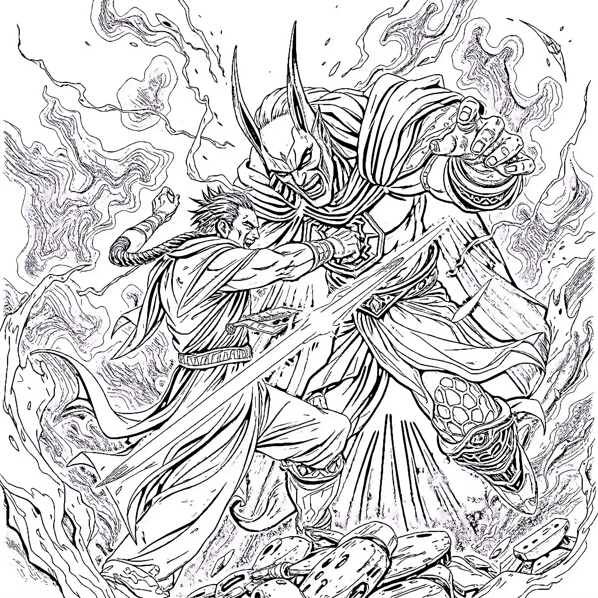 Jin's Fierce Battle Against Mythical Creatures Coloring Page (free black-and-white line drawing printable PDF for all, from beginners to advanced learners, including children, teens, adults, and seniors)