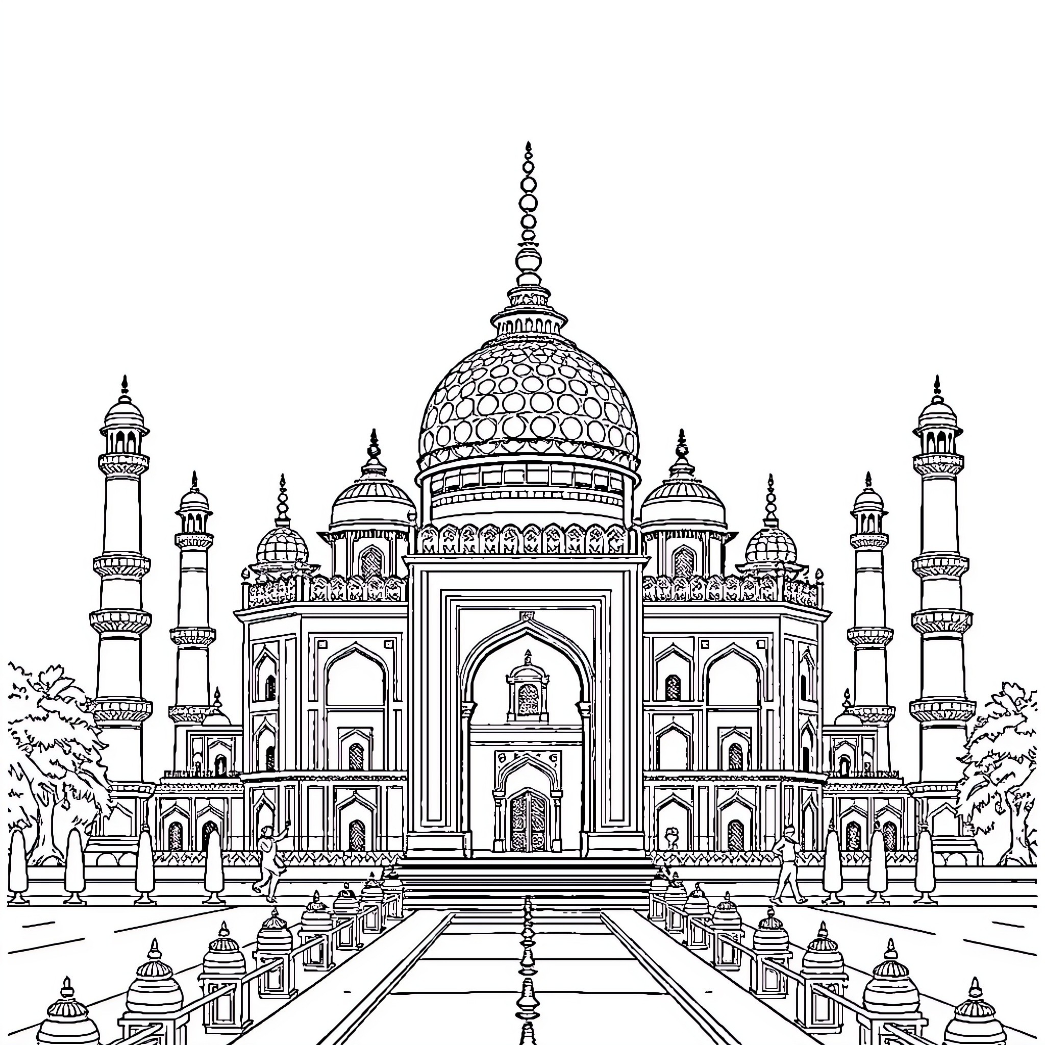 Architecture of a grand domed palace with intricate design Coloring Page (free black-and-white line drawing printable PDF for all, from beginners to advanced learners, including children, teens, adults, and seniors)