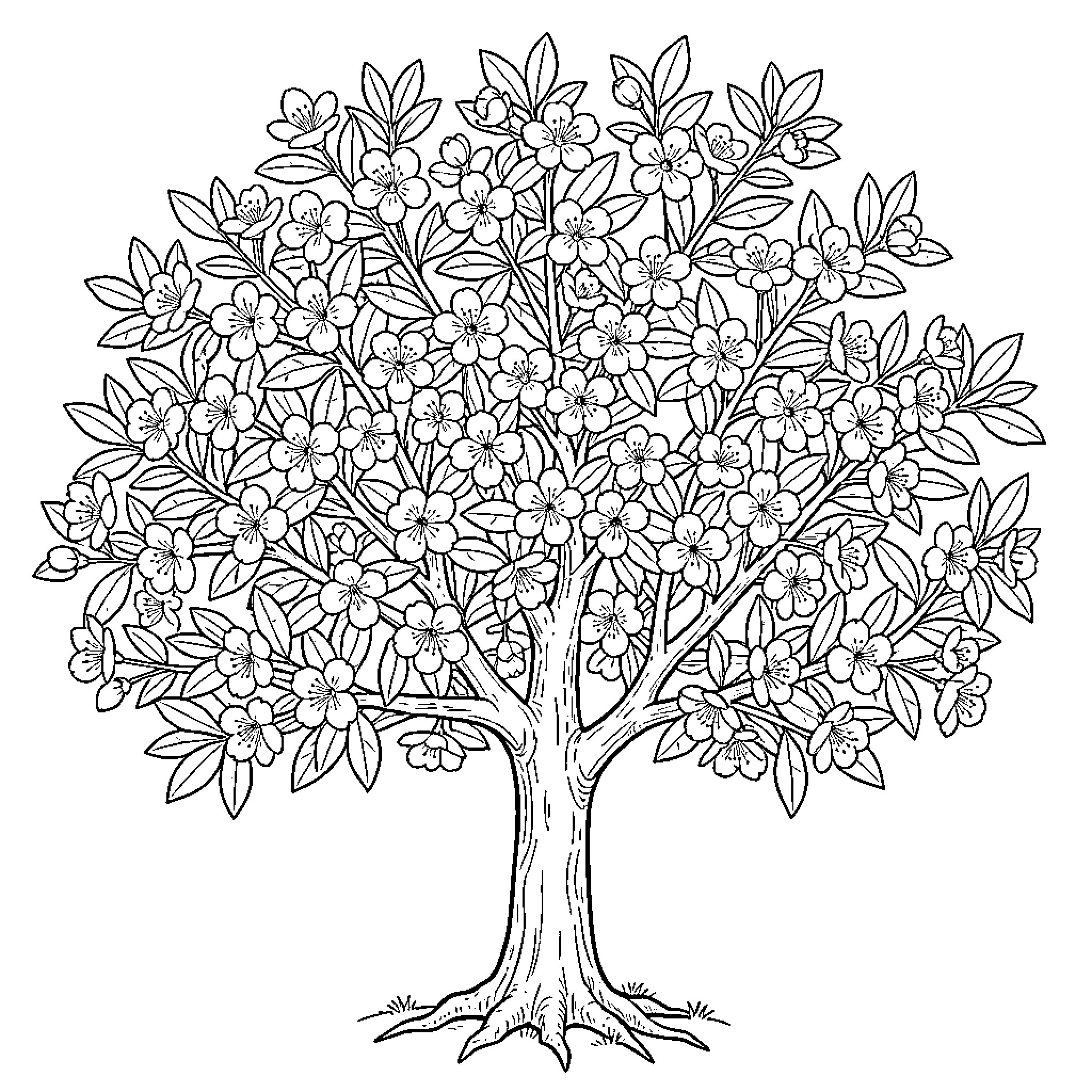 Sakura tree in full bloom with many flowers Coloring Page (free black-and-white line drawing printable PDF for all, from beginners to advanced learners, including children, teens, adults, and seniors)