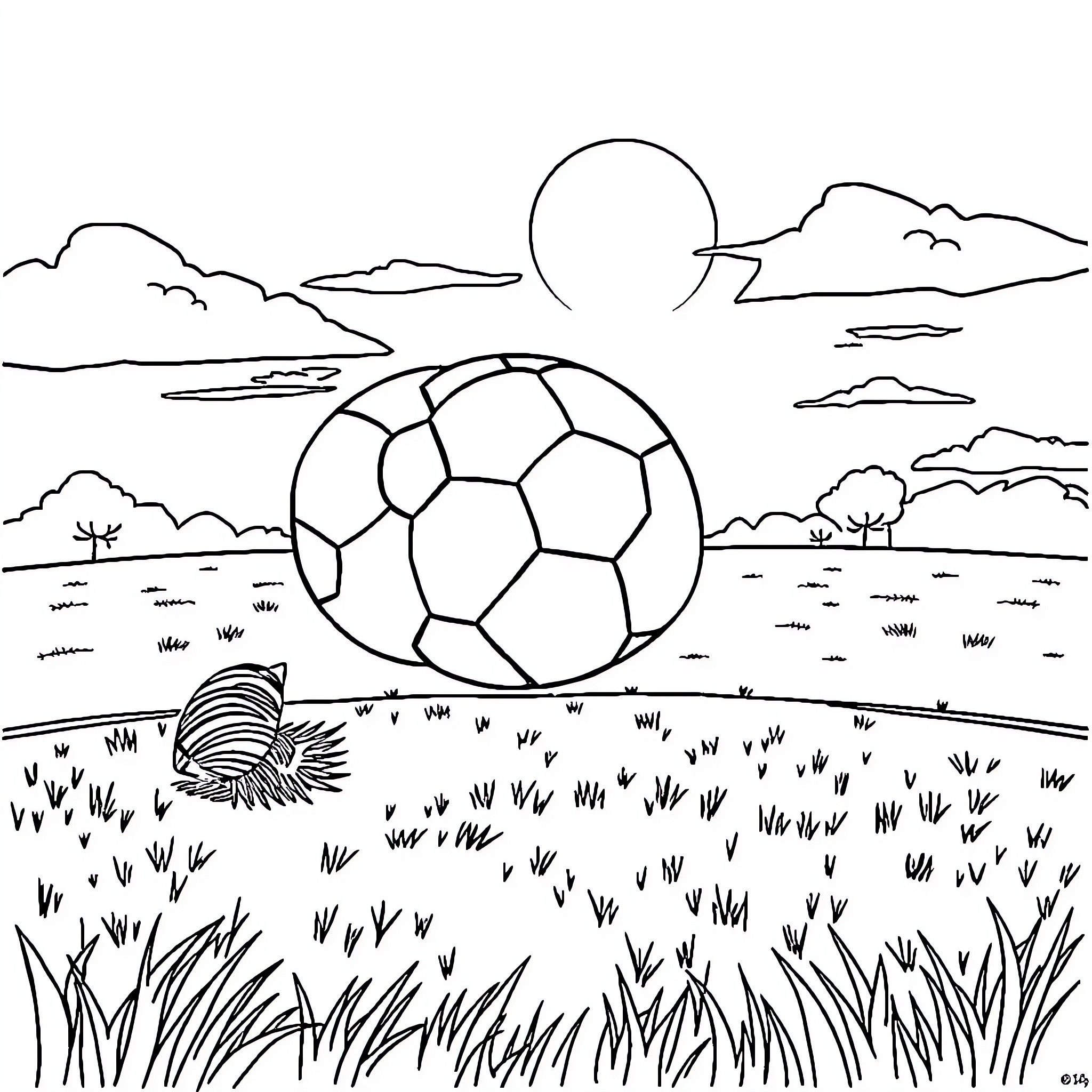 Football match in a picturesque countryside landscape Coloring Page (free black-and-white line drawing printable PDF for all, from beginners to advanced learners, including children, teens, adults, and seniors)