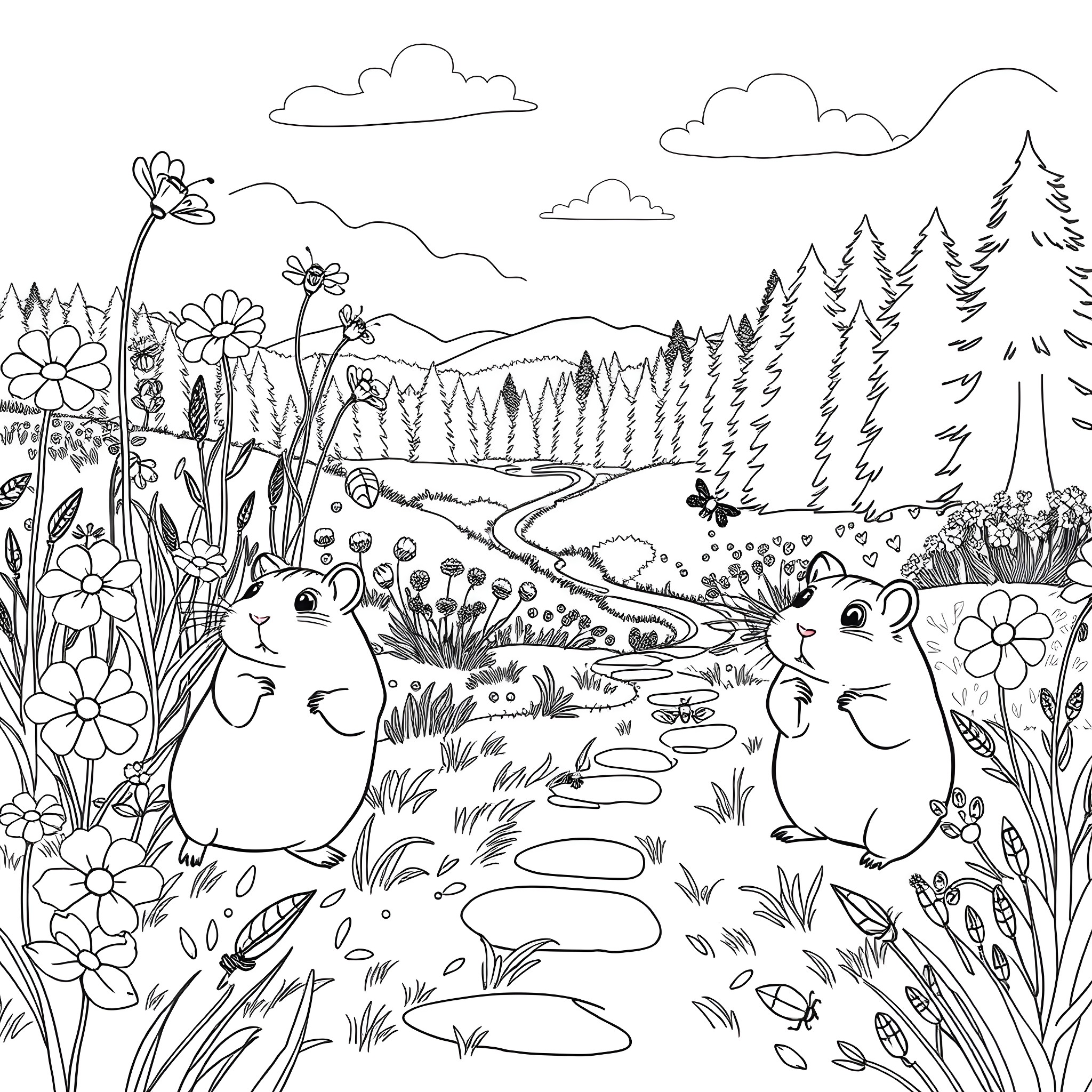 Hamsters exploring a flowery meadow Coloring Page (free black-and-white line drawing printable PDF for all, from beginners to advanced learners, including children, teens, adults, and seniors)