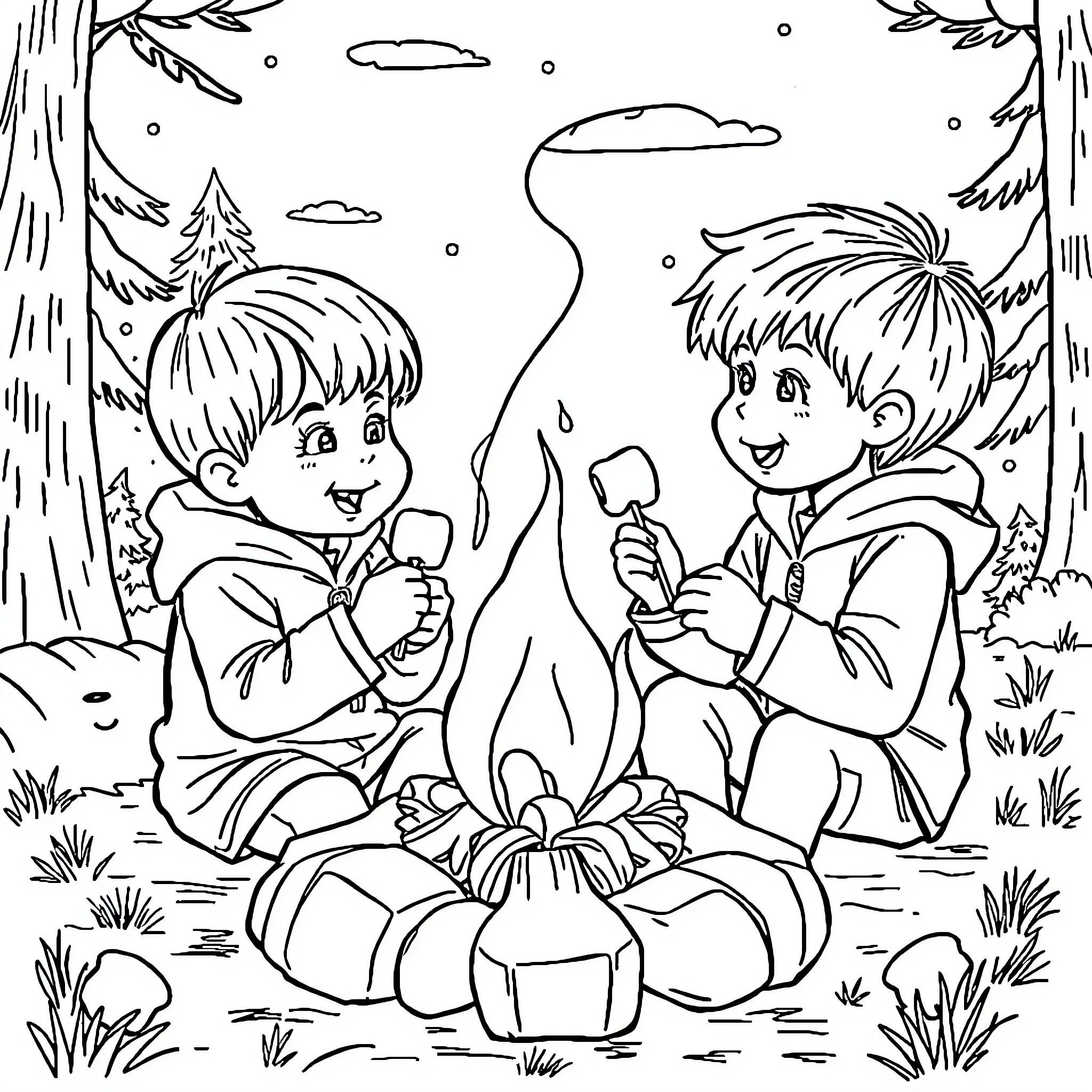 Child camping and roasting marshmallows in the forest Coloring Page (free black-and-white line drawing printable PDF for all, from beginners to advanced learners, including children, teens, adults, and seniors)