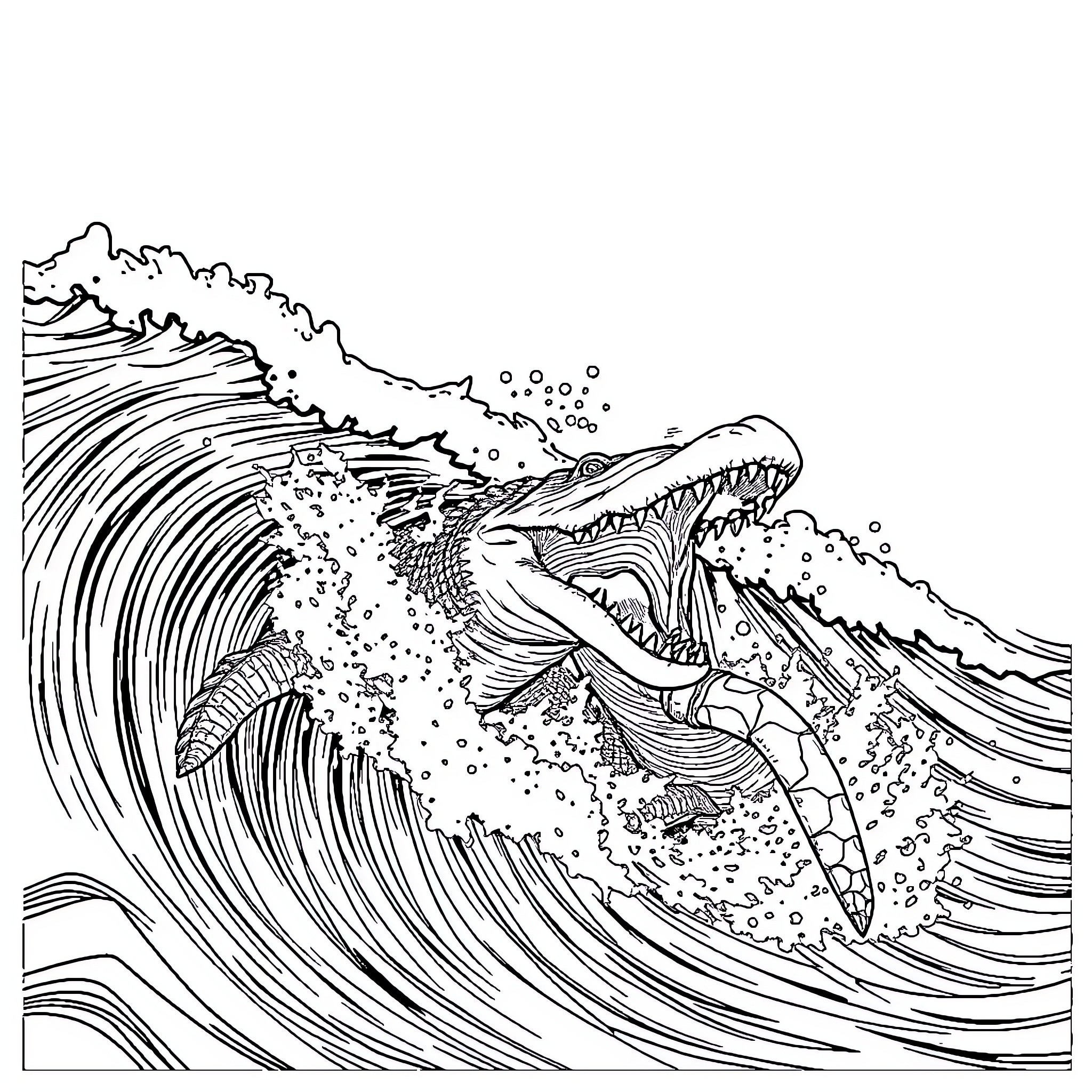 Alligator surfing in crashing waves Coloring Page (free black-and-white line drawing printable PDF for all, from beginners to advanced learners, including children, teens, adults, and seniors)