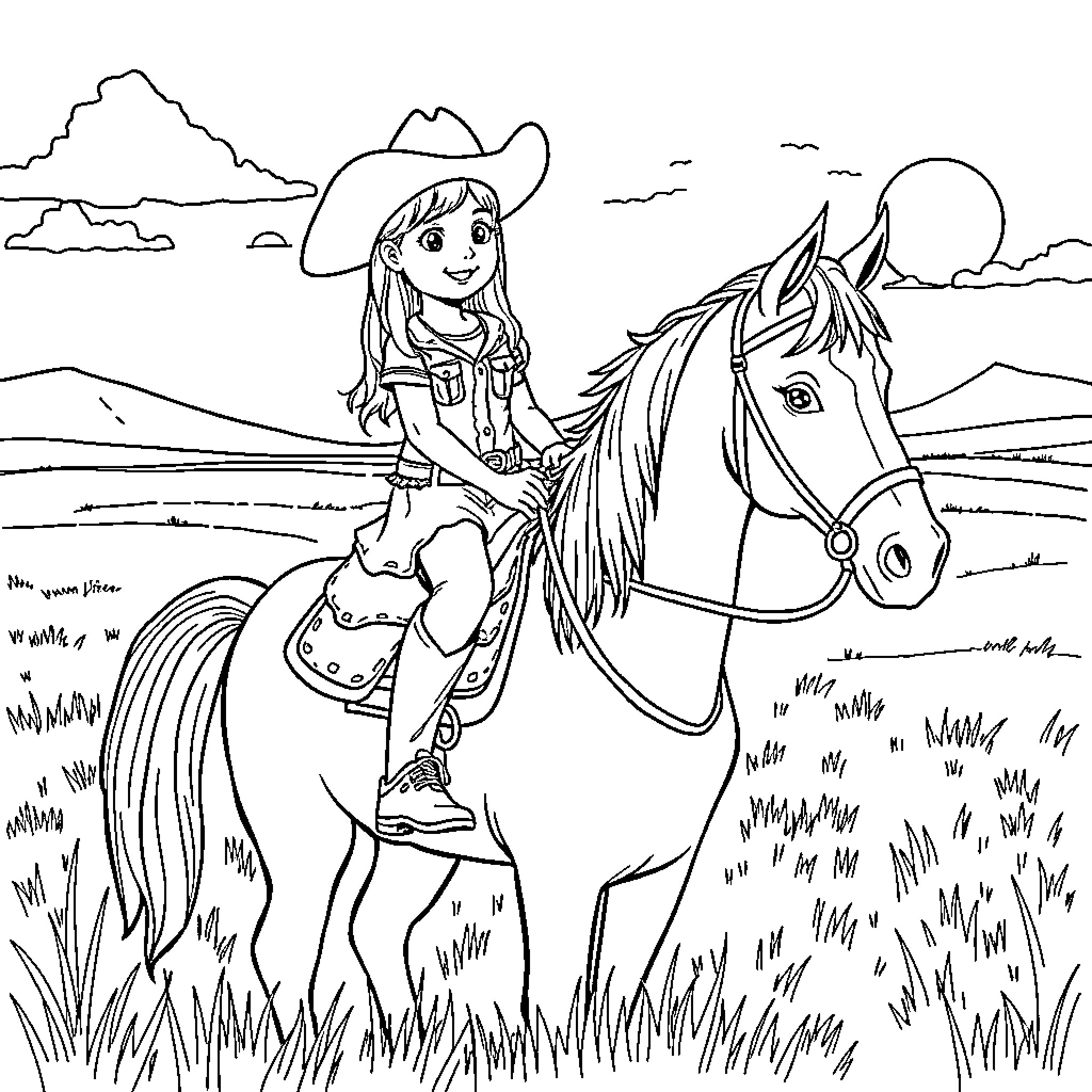 Cowgirl riding horse through the countryside Coloring Page (free black-and-white line drawing printable PDF for all, from beginners to advanced learners, including children, teens, adults, and seniors)