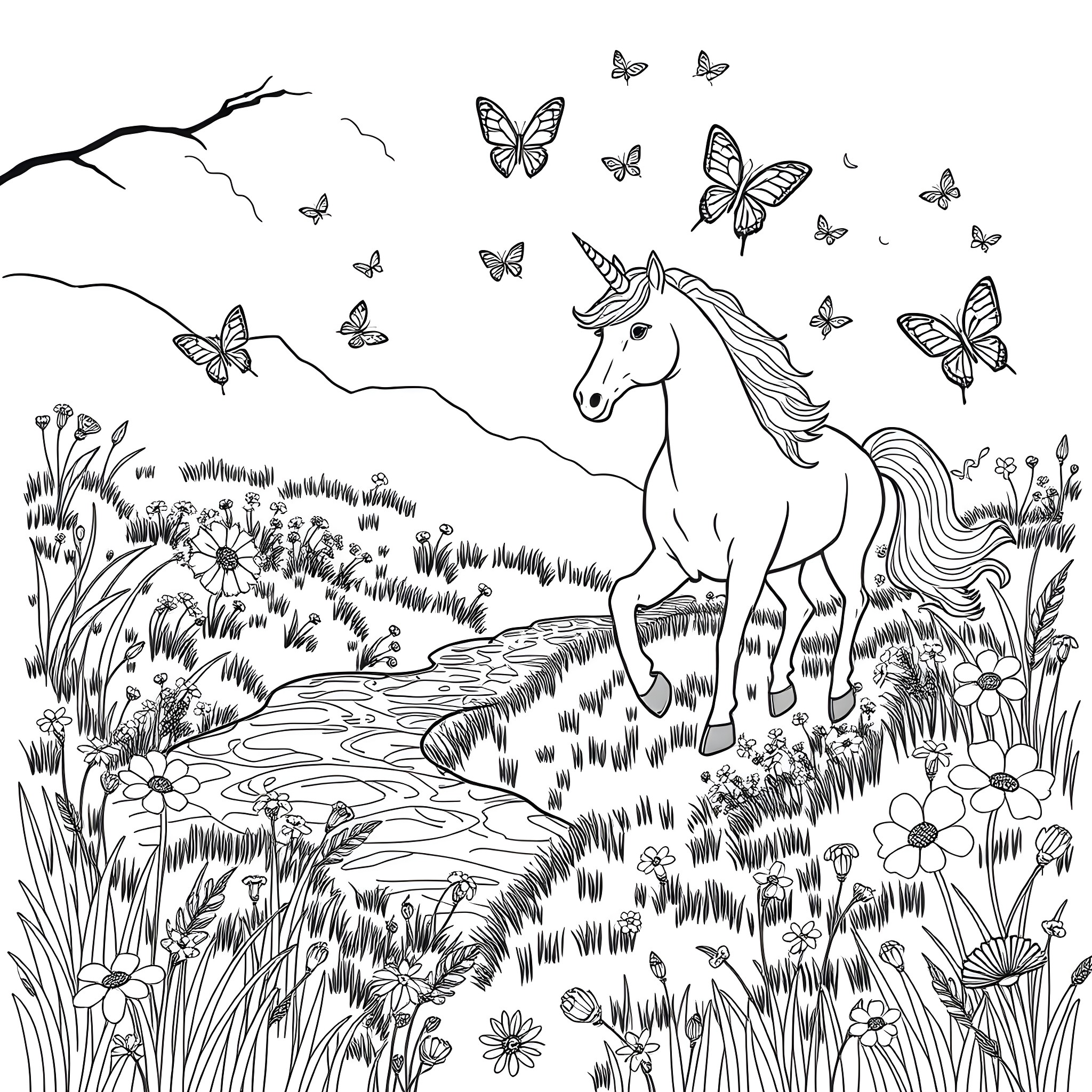 Unicorn standing amidst magical butterflies in a floral landscape Coloring Page (free black-and-white line drawing printable PDF for all, from beginners to advanced learners, including children, teens, adults, and seniors)