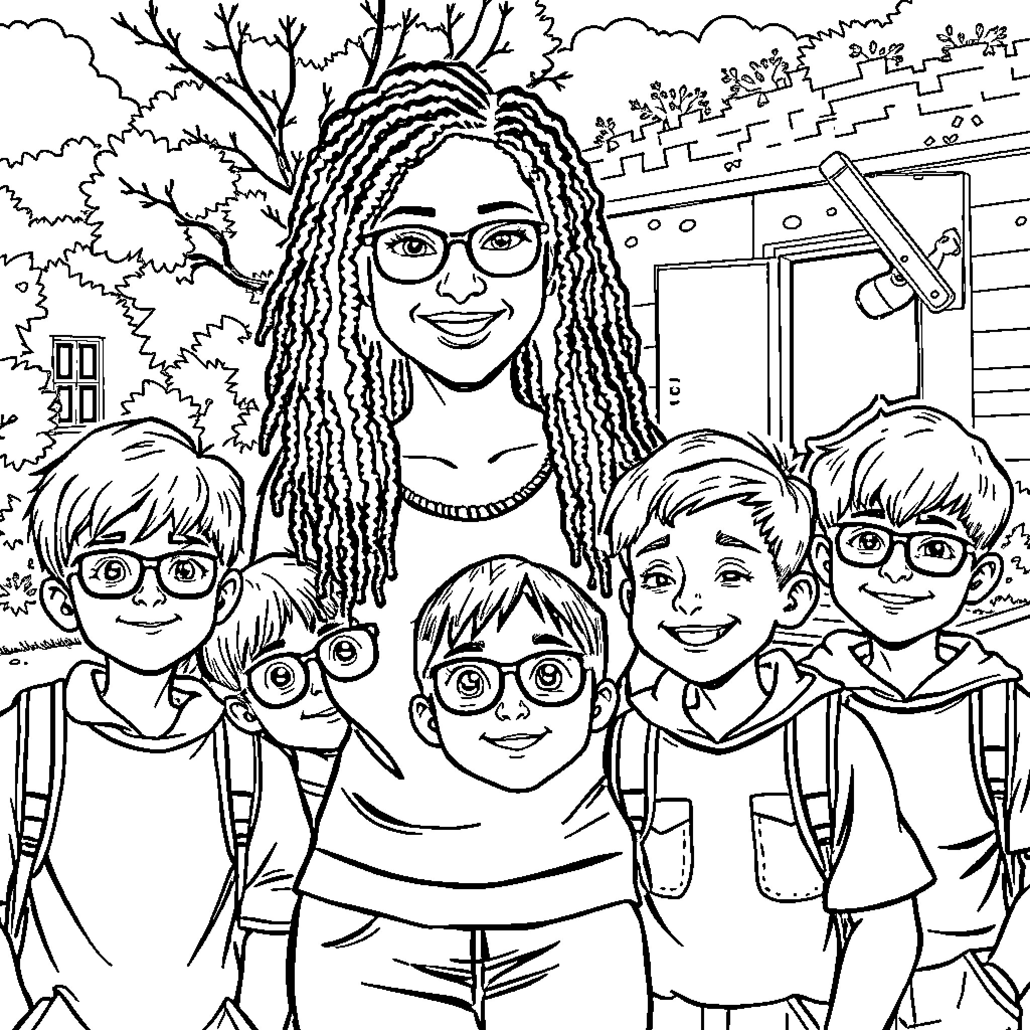 Teacher and students in a school setting Coloring Page (free black-and-white line drawing printable PDF for all, from beginners to advanced learners, including children, teens, adults, and seniors)