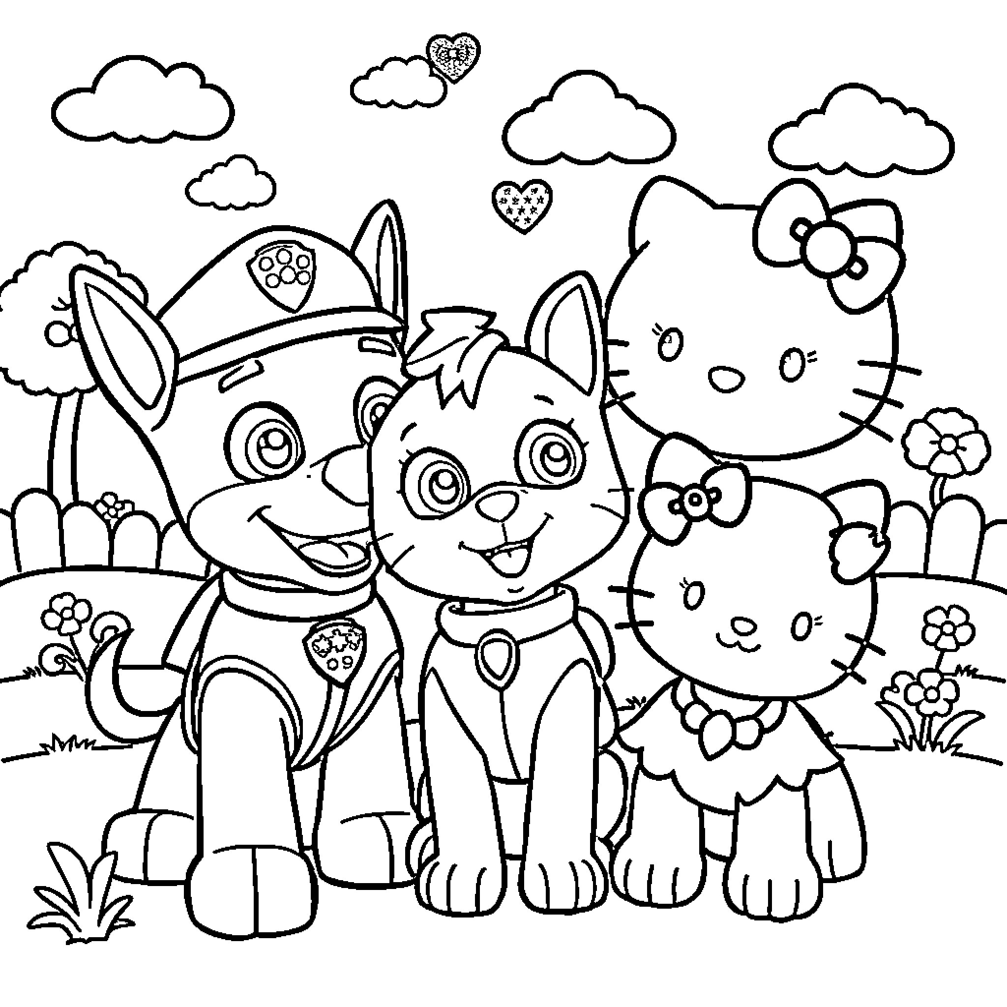 Paw Patrol characters exploring a scenic landscape Coloring Page (free black-and-white line drawing printable PDF for all, from beginners to advanced learners, including children, teens, adults, and seniors)