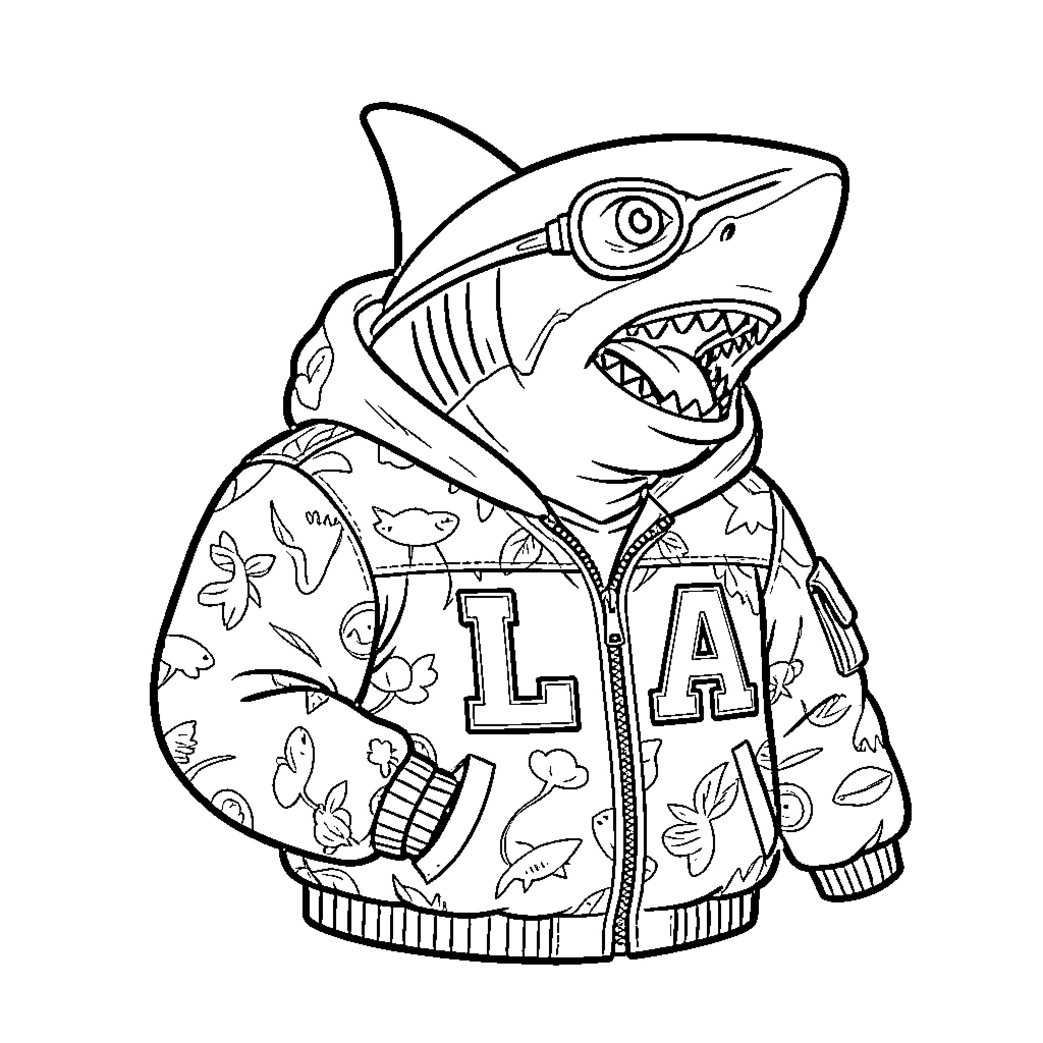 Shark wearing a patterned jacket Coloring Page (free black-and-white line drawing printable PDF for all, from beginners to advanced learners, including children, teens, adults, and seniors)