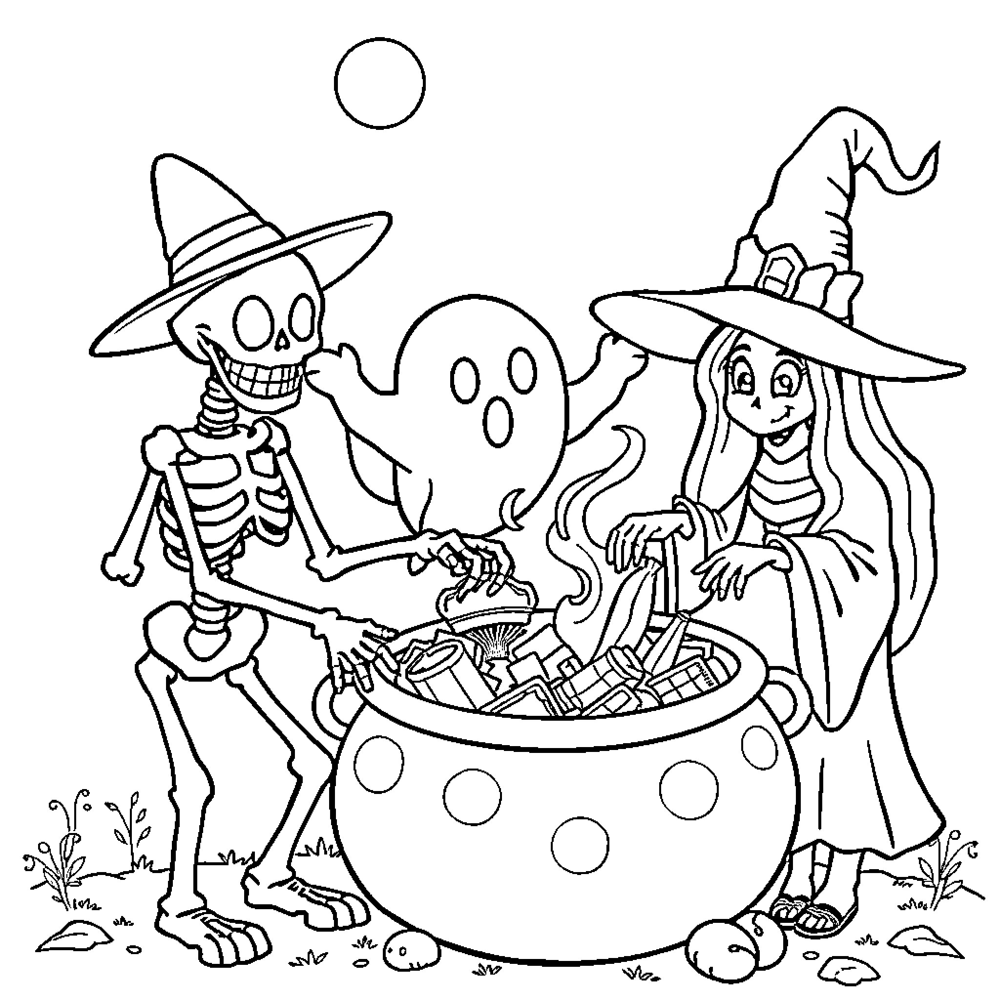Skeleton friends brewing a magical potion Coloring Page (free black-and-white line drawing printable PDF for all, from beginners to advanced learners, including children, teens, adults, and seniors)