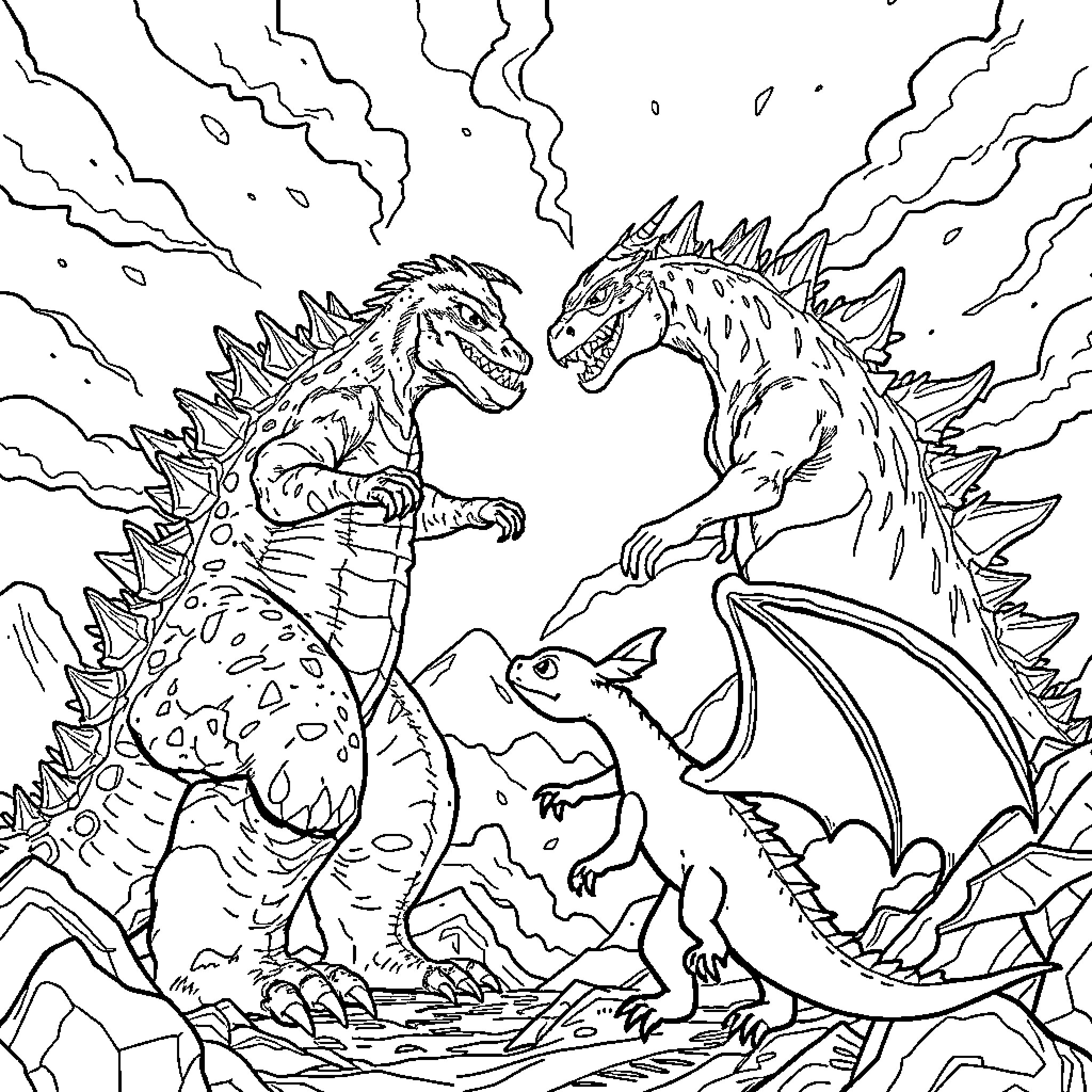 Godzilla Battle of Legendary Monsters Coloring Page (free black-and-white line drawing printable PDF for all, from beginners to advanced learners, including children, teens, adults, and seniors)