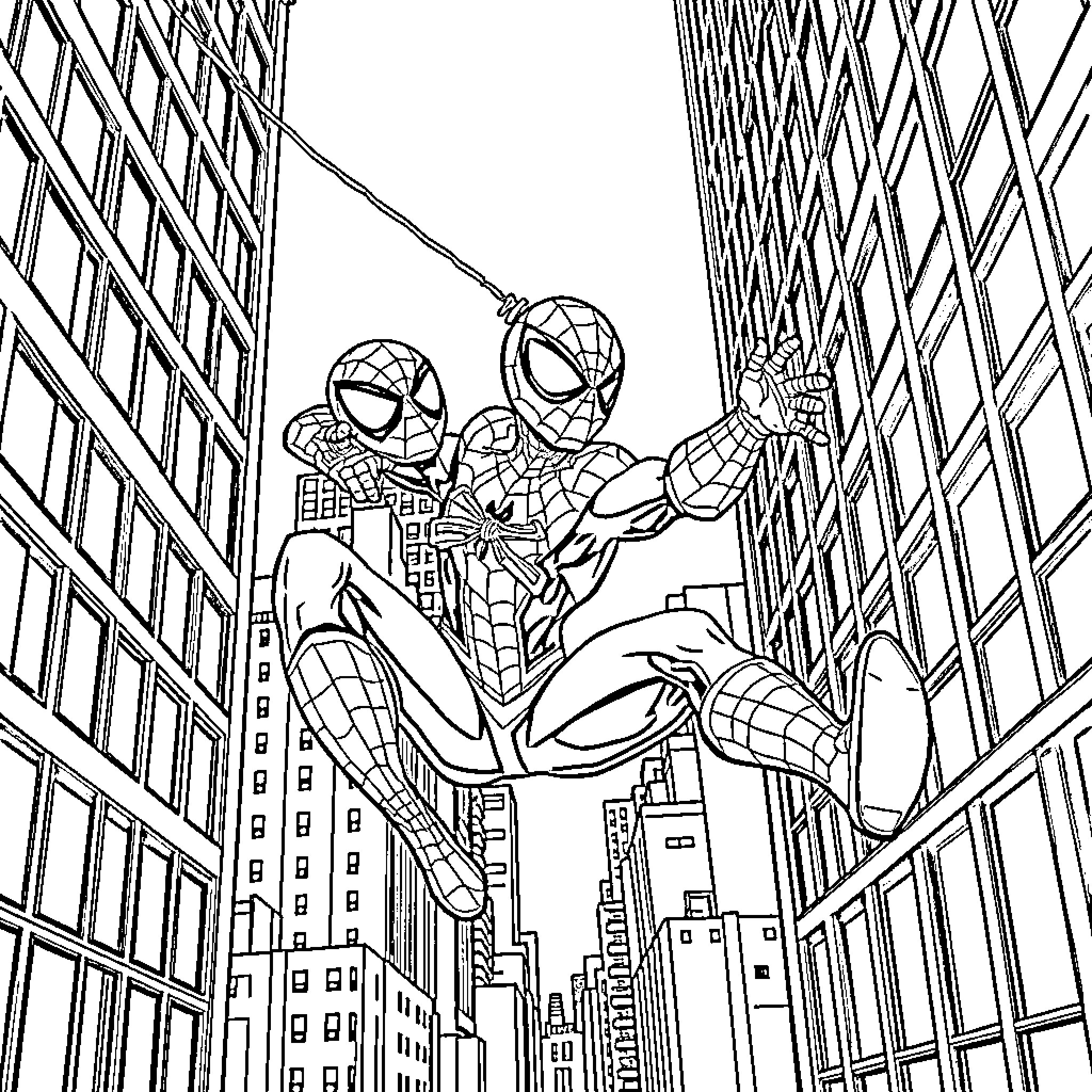 Spider-Man web swinging through the city skyline Coloring Page (free black-and-white line drawing printable PDF for all, from beginners to advanced learners, including children, teens, adults, and seniors)