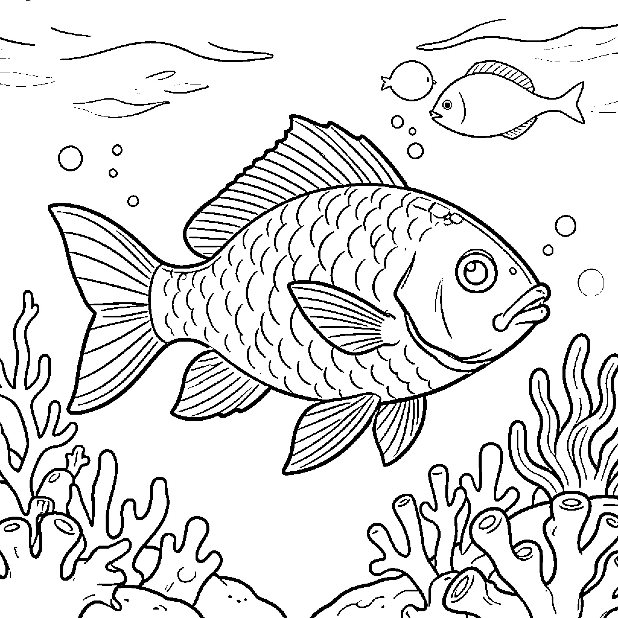 Fish swimming playfully in the underwater scene Coloring Page (free black-and-white line drawing printable PDF for all, from beginners to advanced learners, including children, teens, adults, and seniors)